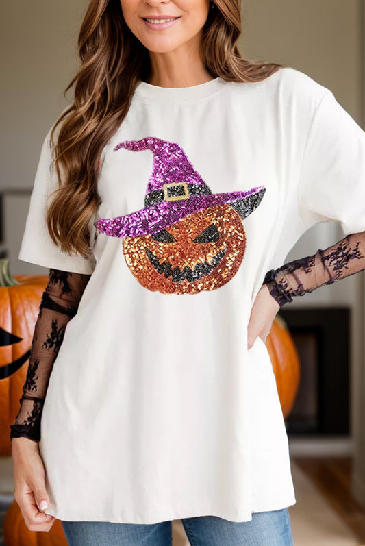 Sequin Pumpkin Round Neck Short Sleeve T-Shirt-TOPS / DRESSES-[Adult]-[Female]-White-S-2022 Online Blue Zone Planet