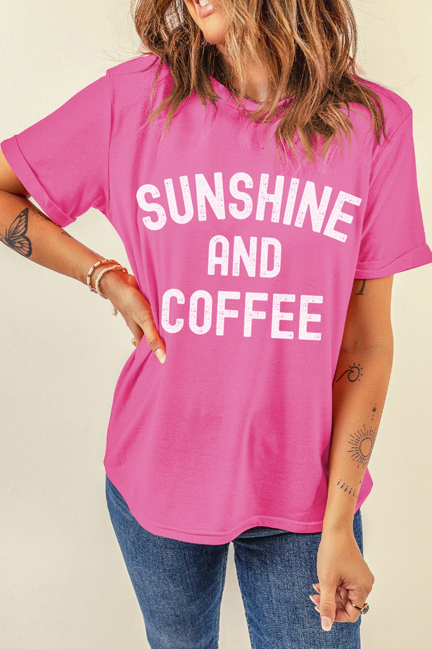 Sachet Pink Sunshine And Coffee Summer Beachwear Graphic Tee-Graphic/Graphic Tees-[Adult]-[Female]-2022 Online Blue Zone Planet