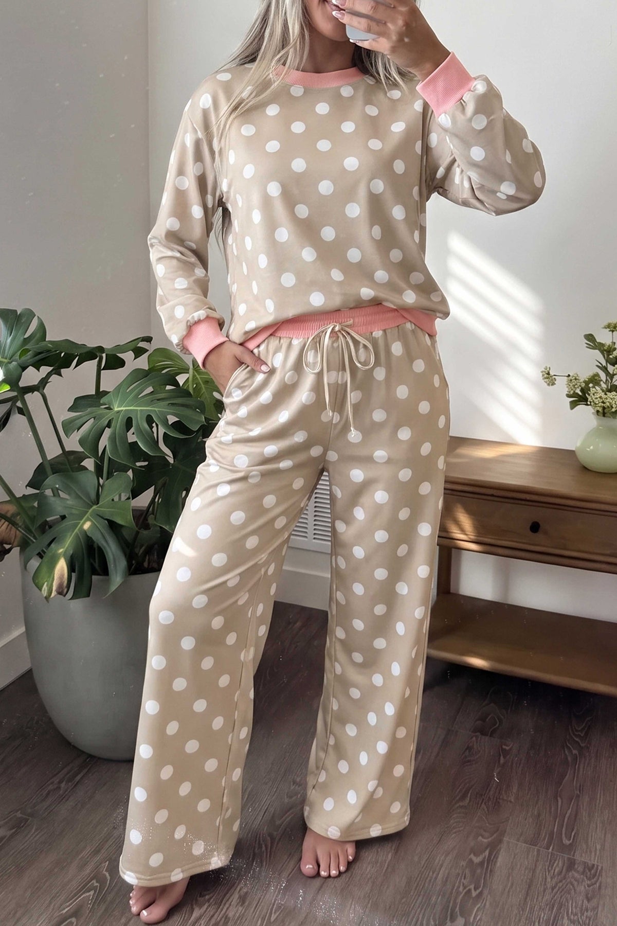 Khaki Polka Dot Contrast Trim Long Sleeve Top Drawstring Shift Pants Set-Two Piece Sets/Pant Sets-[Adult]-[Female]-2022 Online Blue Zone Planet