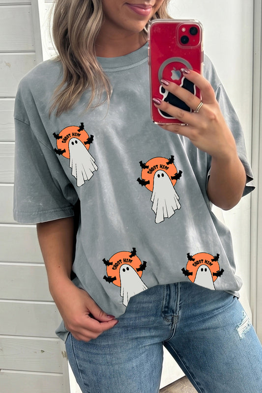 Gray Halloween Ghost Print Short Sleeve Loose Fit T Shirt-Tops/Tops & Tees-[Adult]-[Female]-Orange-S-2022 Online Blue Zone Planet