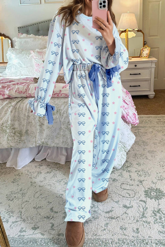 Sky Blue Stripe Bow Star Print Tied Detail 2pcs Lounge Set-Loungewear & Sleepwear/Loungewear-[Adult]-[Female]-2022 Online Blue Zone Planet