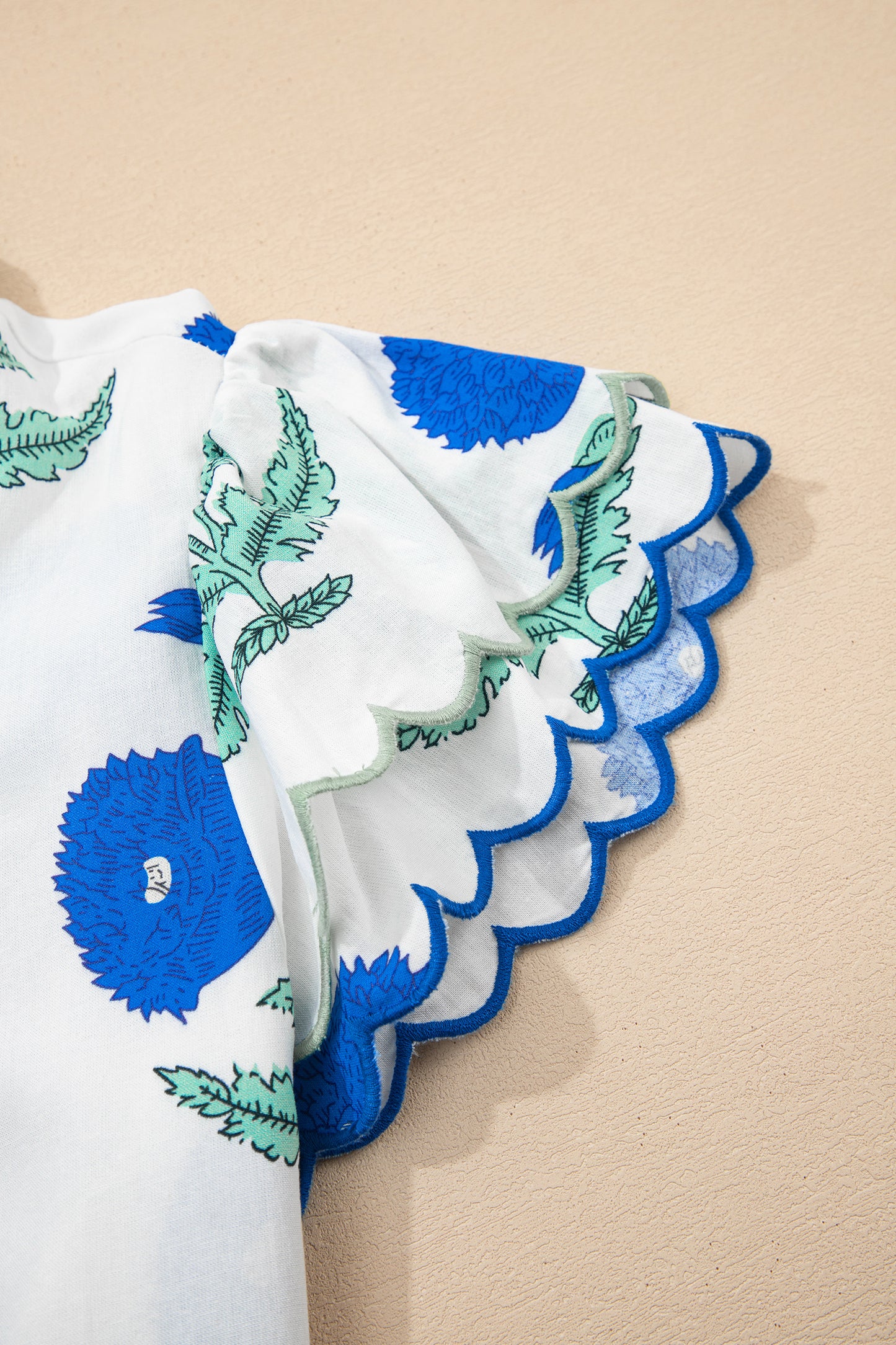 Blue Wild Flower Print Contrast Trim Scallop Detail Short Sleeve Blouse-Tops/Blouses & Shirts-[Adult]-[Female]-2022 Online Blue Zone Planet