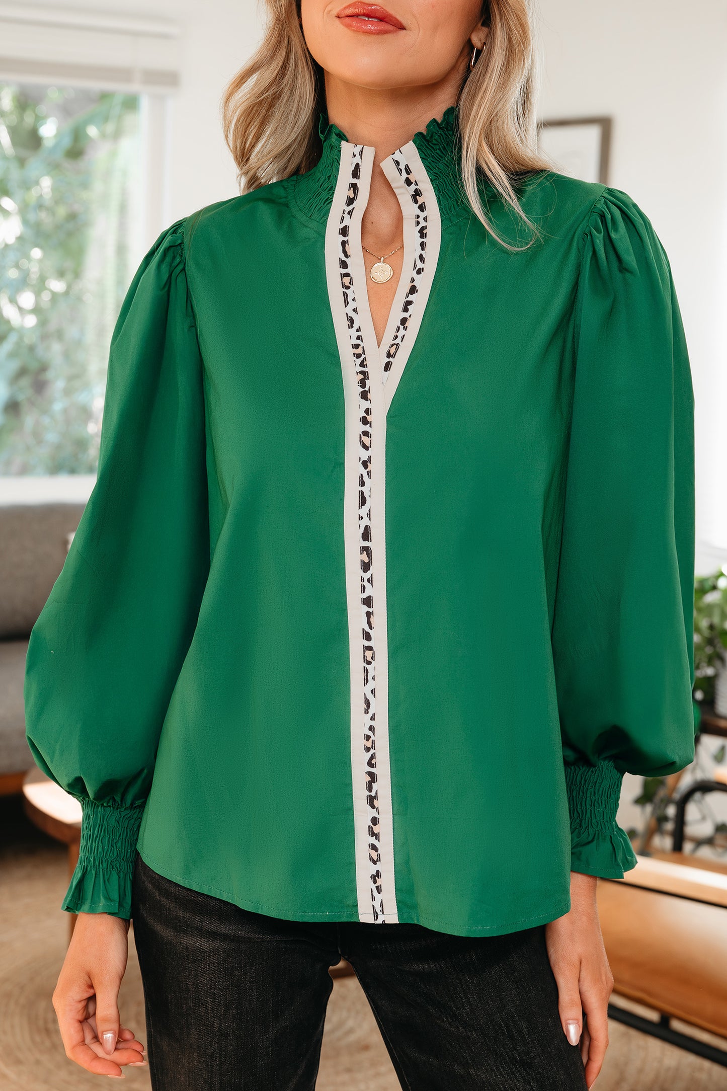 Evergreen Puffy Flounce Sleeve Leopard Trim V Neck Blouse-Tops/Blouses & Shirts-[Adult]-[Female]-2022 Online Blue Zone Planet