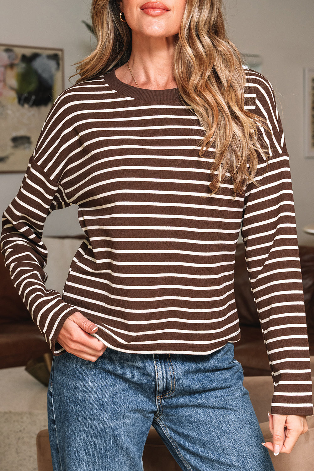 Brown Stripe Ribbed Cropped Crew Neck Long Sleeve T Shirt-Tops/Long Sleeve Tops-[Adult]-[Female]-2022 Online Blue Zone Planet