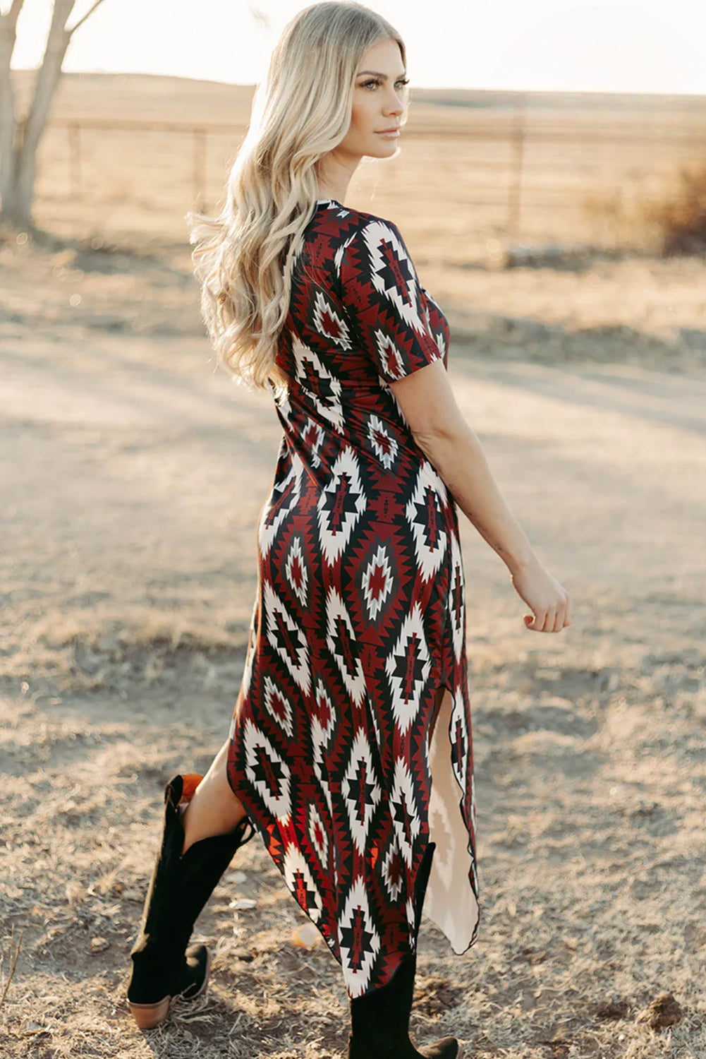 Red Western Aztec Printed Long T-Shirt Dress Red Western Aztec Printed Long T-Shirt Dress