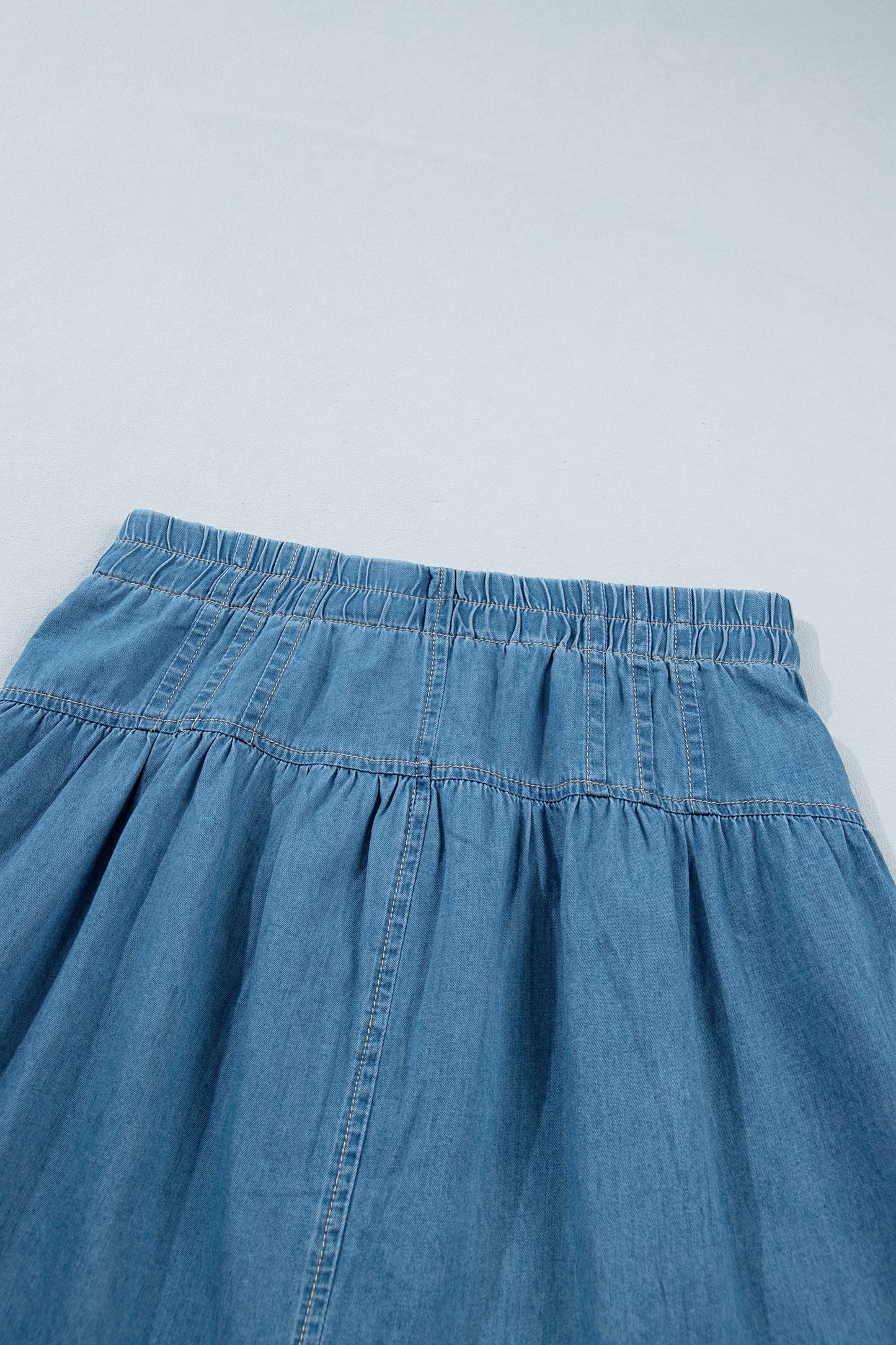 Sky Blue Half Buttons Pleated High Waist Denim Mini Skirt with Drawstring-Bottoms/Skirts & Petticoat-[Adult]-[Female]-2022 Online Blue Zone Planet
