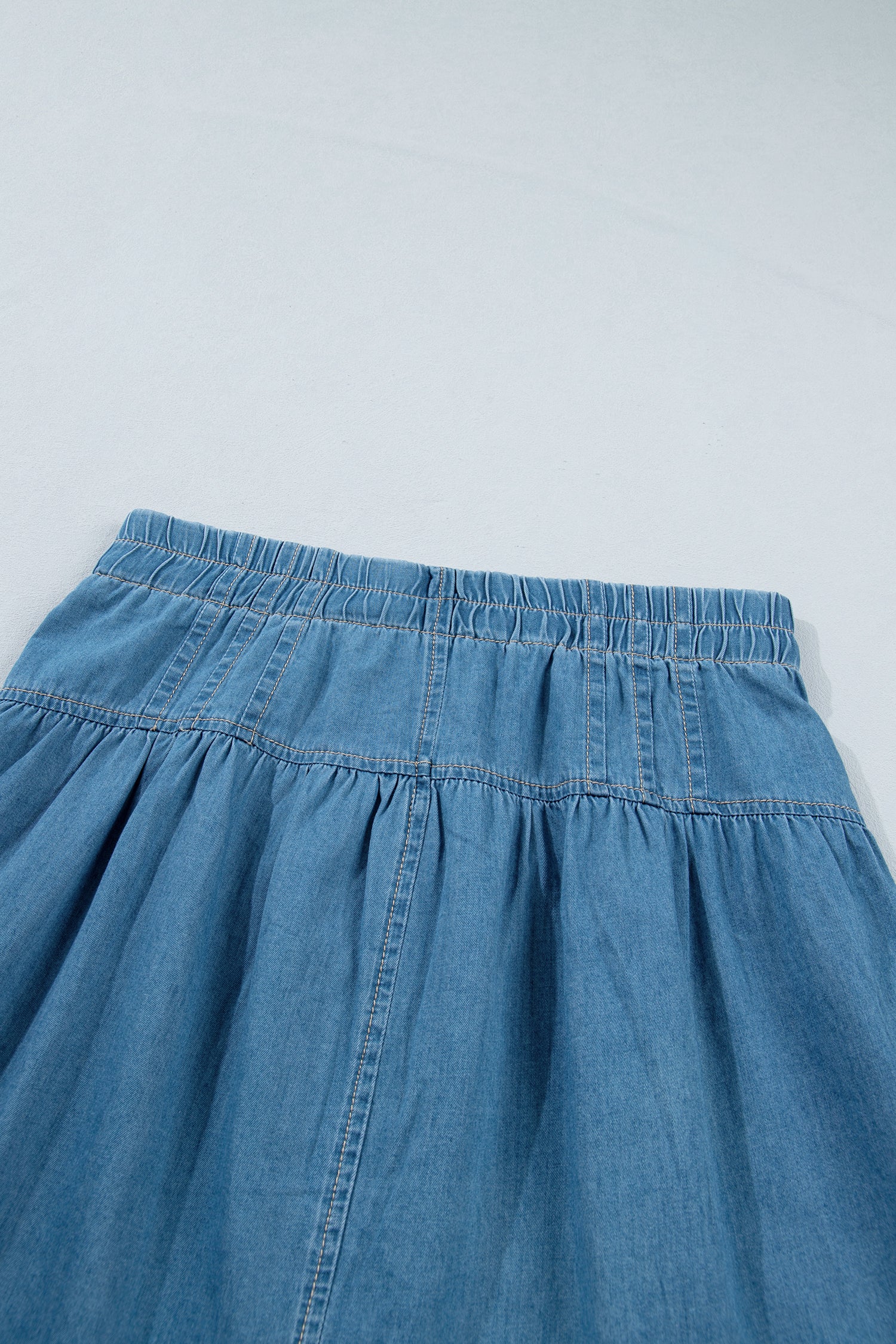 Sky Blue Half Buttons Pleated High Waist Denim Mini Skirt with Drawstring-Bottoms/Skirts & Petticoat-[Adult]-[Female]-2022 Online Blue Zone Planet