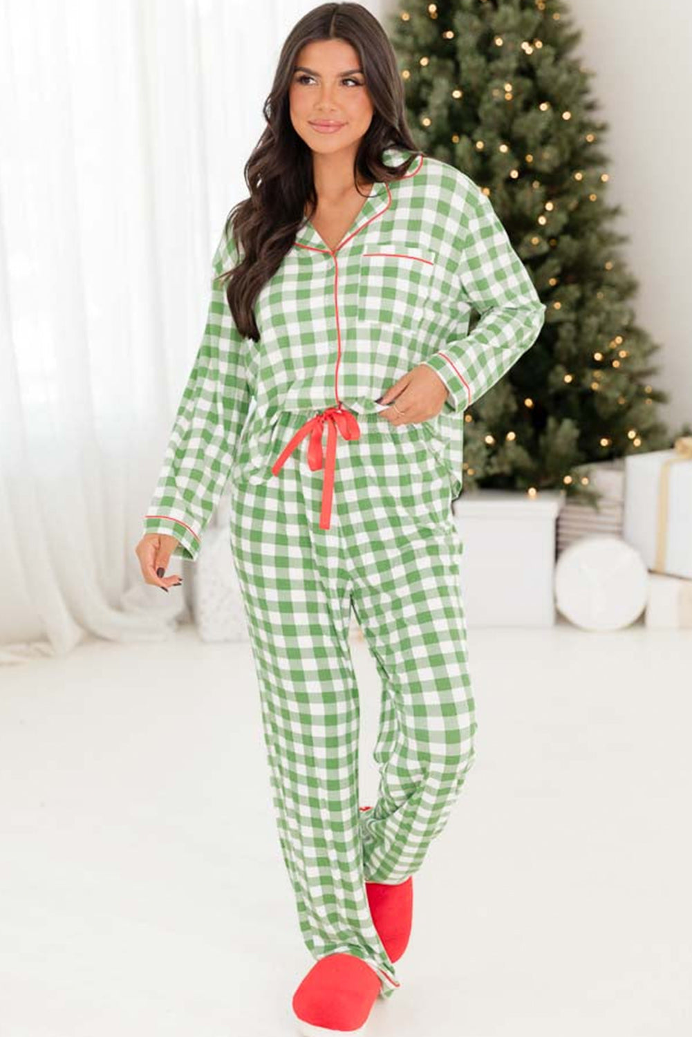 Light Green Plaid Print Shirt and Drawstring Pants Pajama Set-Loungewear Set-[Adult]-[Female]-2022 Online Blue Zone Planet