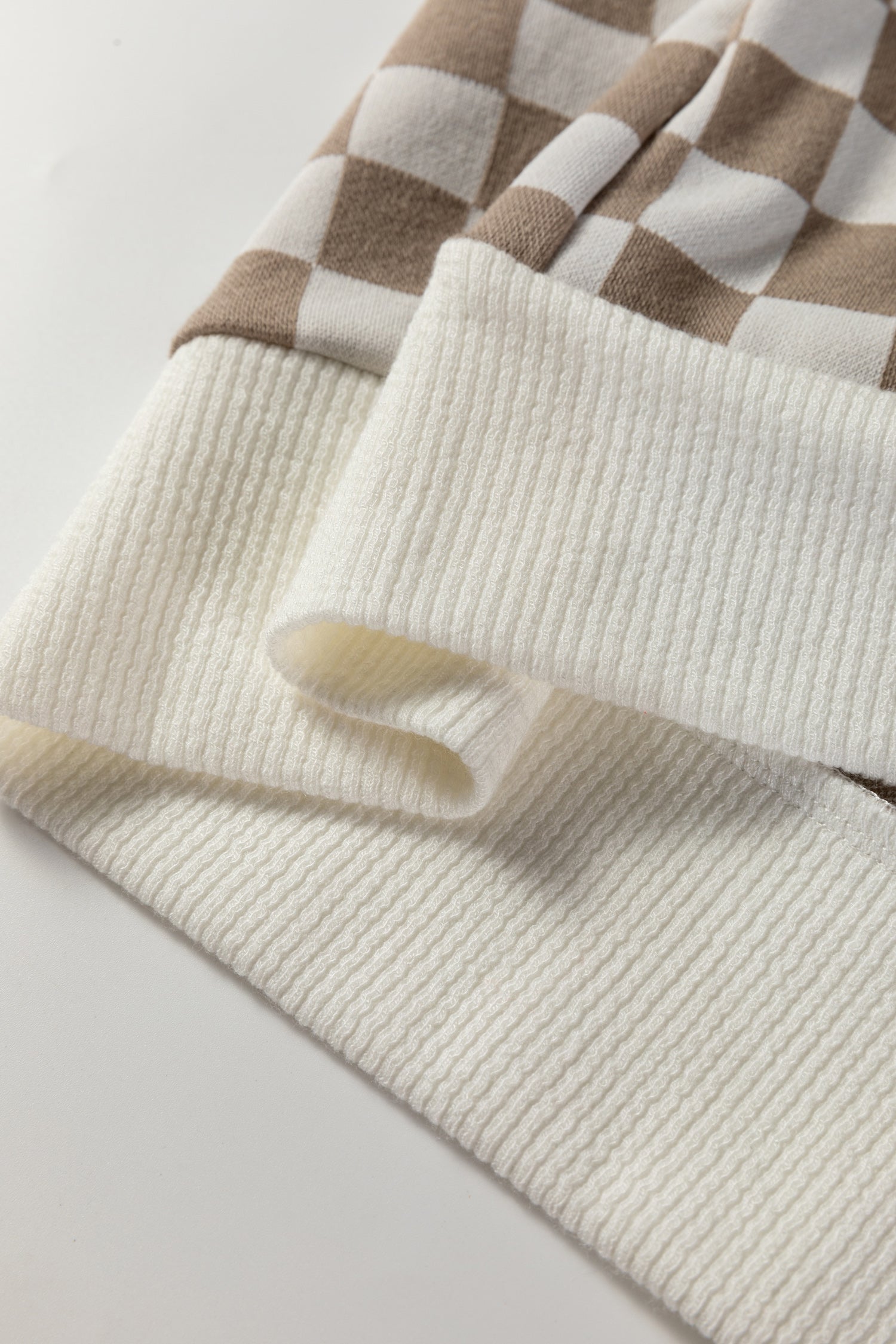 Khaki Checkered Print Quarter Zip Ribbed Patchwork Loose Sweatshirt-Tops/Sweatshirts & Hoodies-[Adult]-[Female]-2022 Online Blue Zone Planet