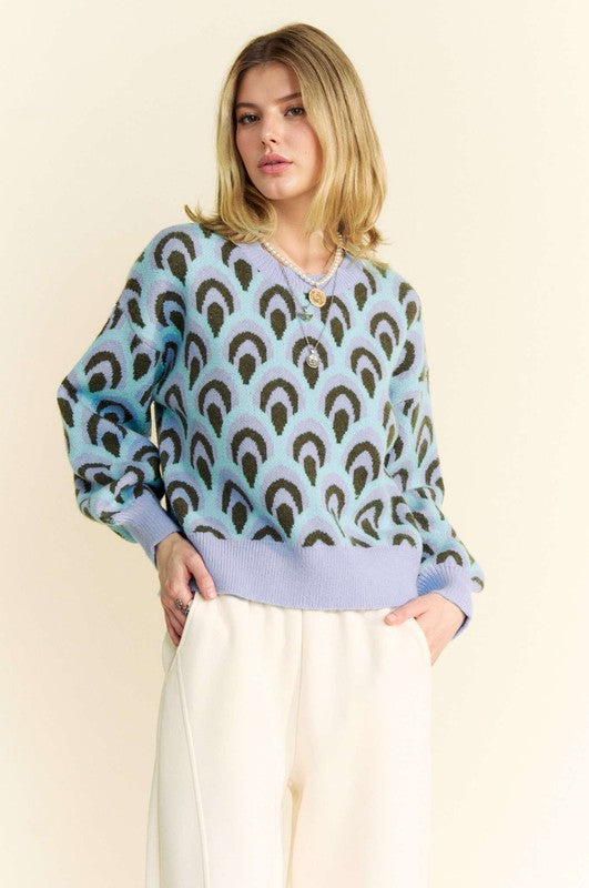 Davi & Dani Scale Jacquard Round Neck Drop Shoulder Sweater-TOPS / DRESSES-[Adult]-[Female]-2022 Online Blue Zone Planet