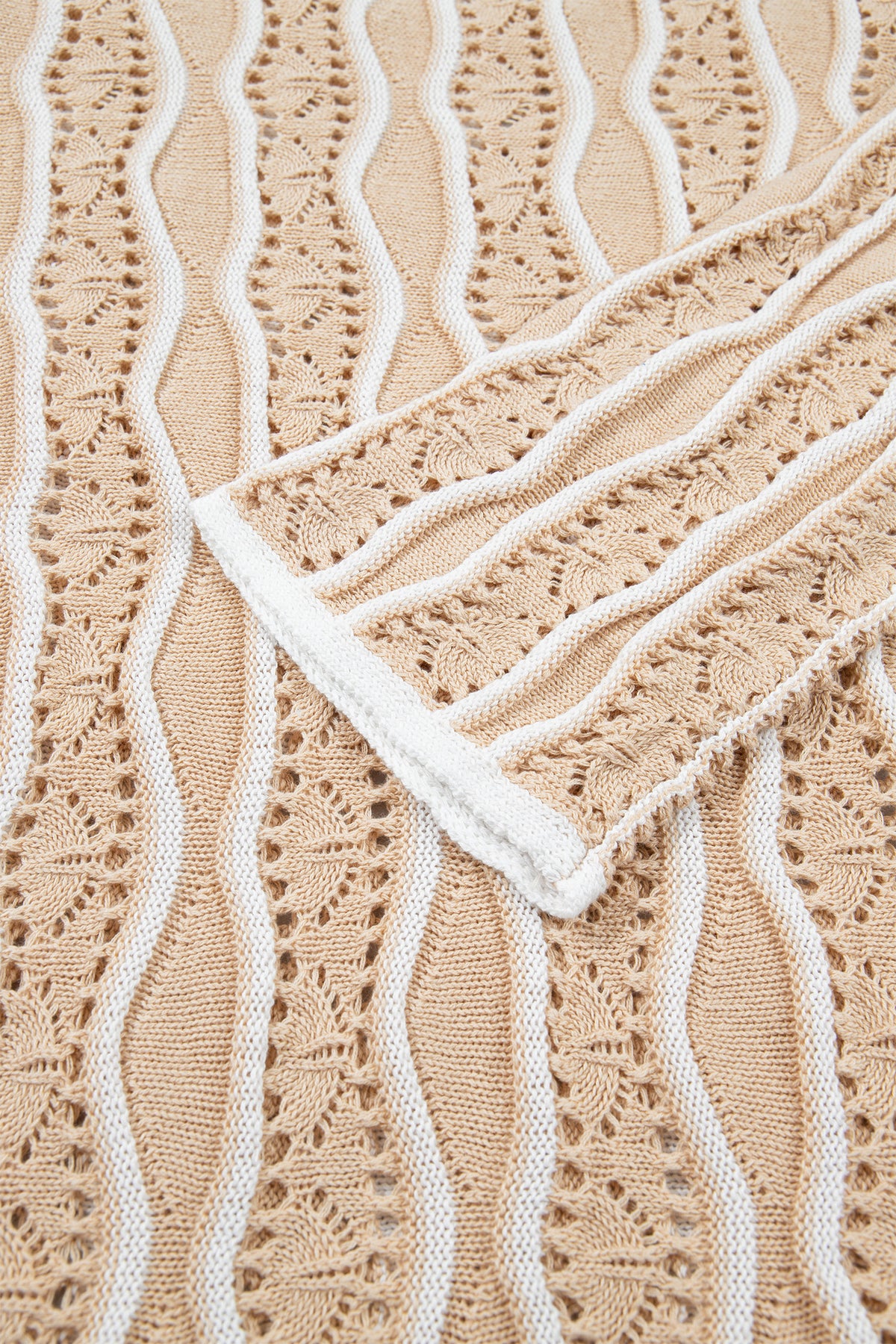 Khaki Wavy Detail Hollow Out Knit Long Sleeve Cotton Pullover Sweater-Sweaters & Cardigans/Sweaters-[Adult]-[Female]-2022 Online Blue Zone Planet