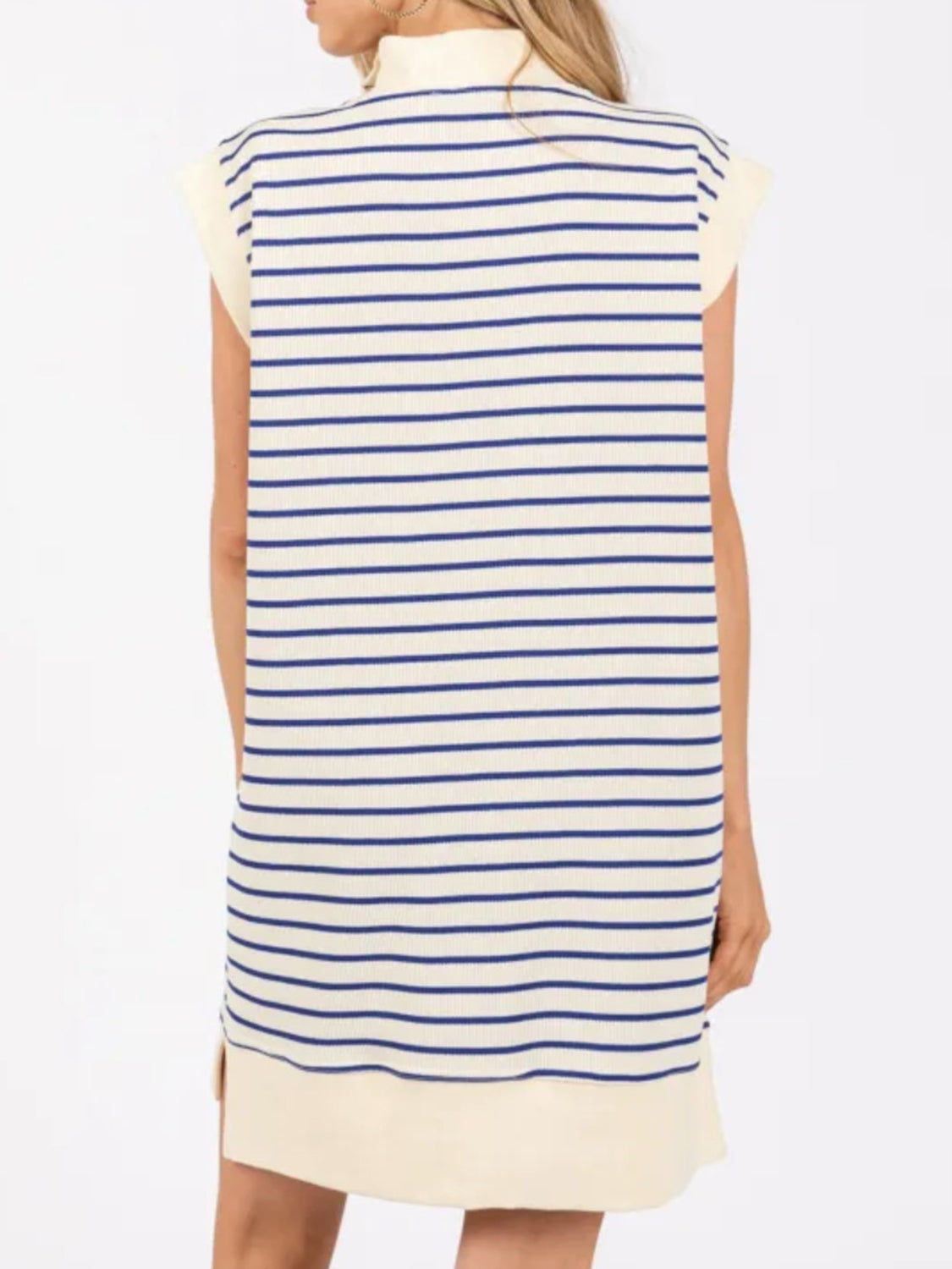 Blue Zone Planet | Full Size Pocketed Striped Quarter Zip Cap Sleeve Dress-TOPS / DRESSES-[Adult]-[Female]-2022 Online Blue Zone Planet