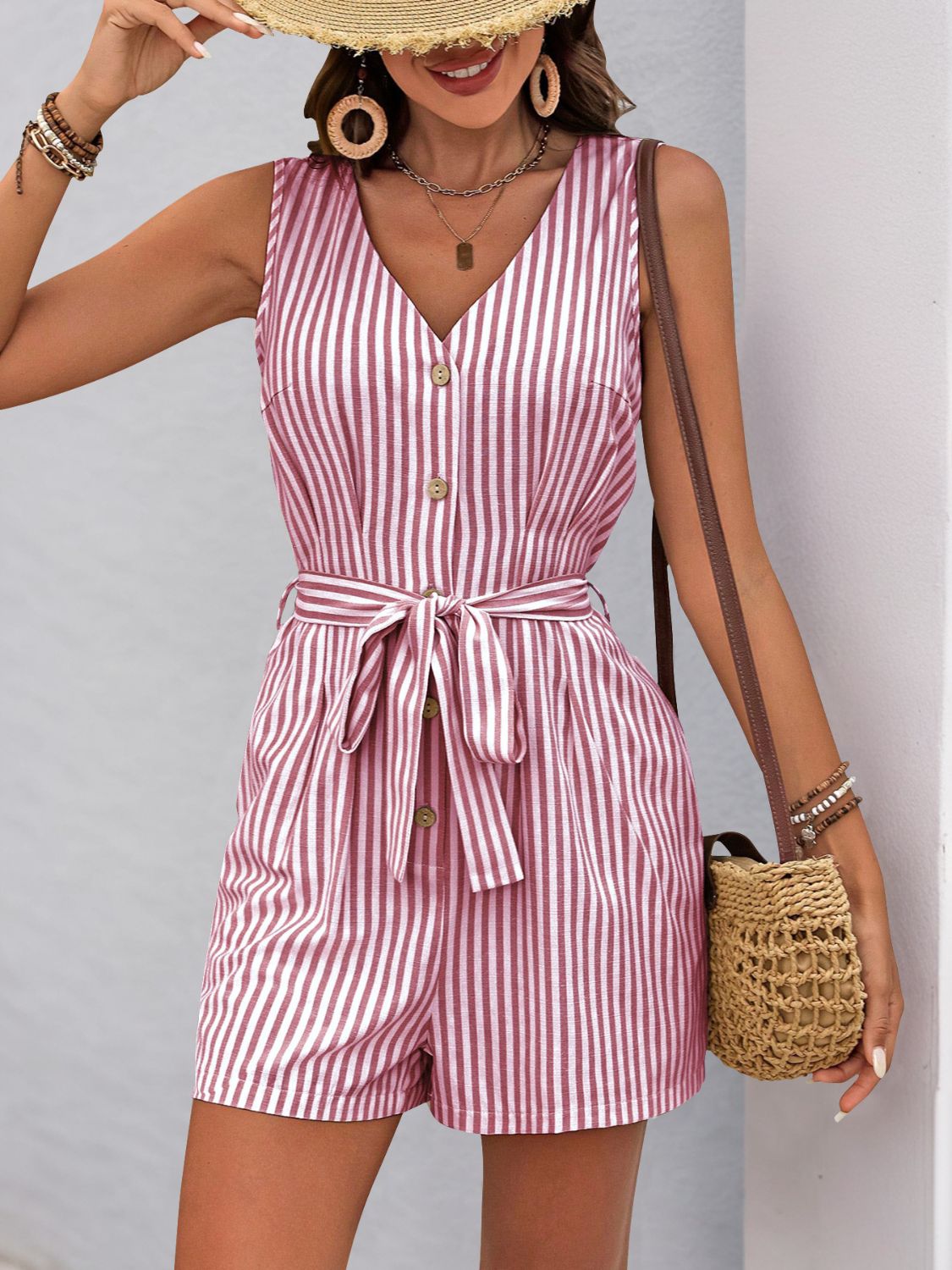 Blue Zone Planet | Perfee Striped V-Neck Tie Waist Romper-TOPS / DRESSES-[Adult]-[Female]-2022 Online Blue Zone Planet