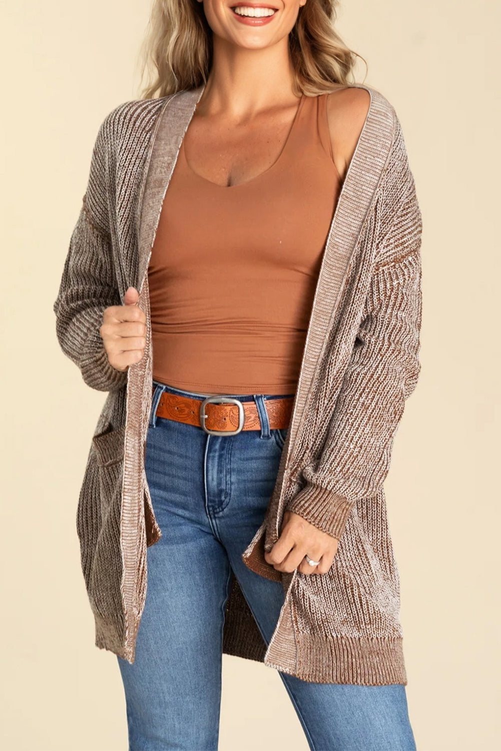 Straw Yellow Solid Open Knit Cardigan with Pockets-Sweaters & Cardigans/Cardigans-[Adult]-[Female]-Straw Yellow-S-2022 Online Blue Zone Planet