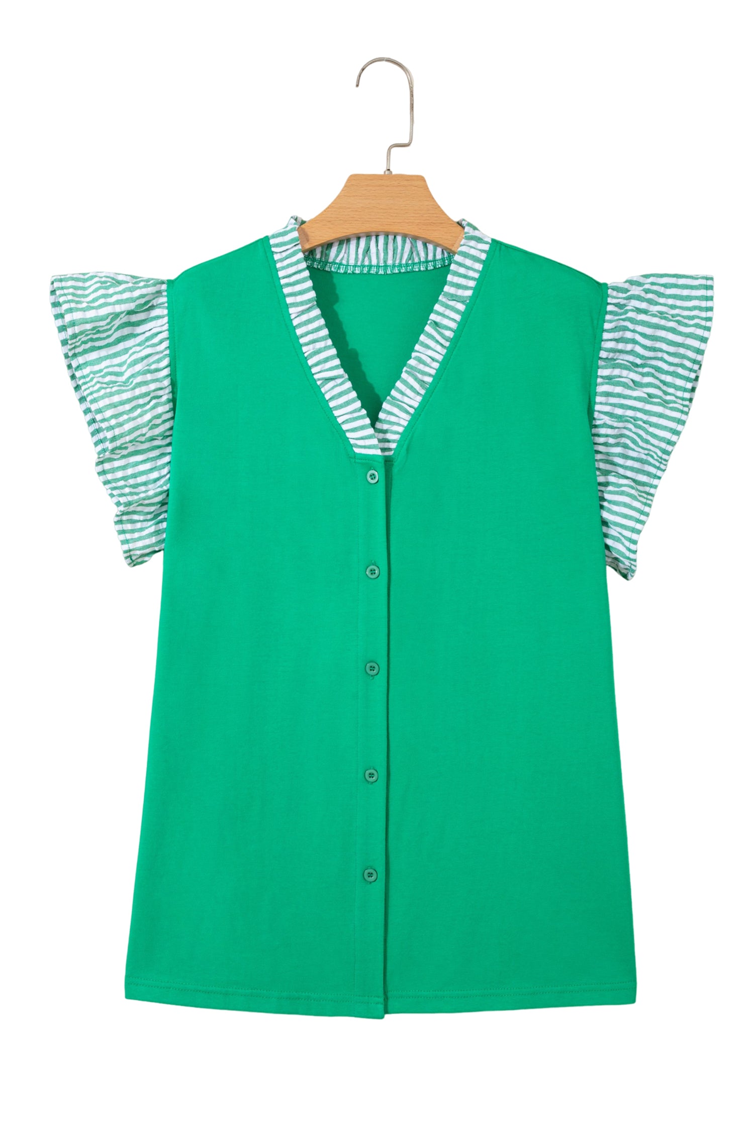 Dark Green Plus Size Button Front Ruffled Stripe Trim V Neck Flutter Sleeve Blouse-Plus Size/Plus Size Tops/Plus Size Blouses & Shirts-[Adult]-[Female]-2022 Online Blue Zone Planet