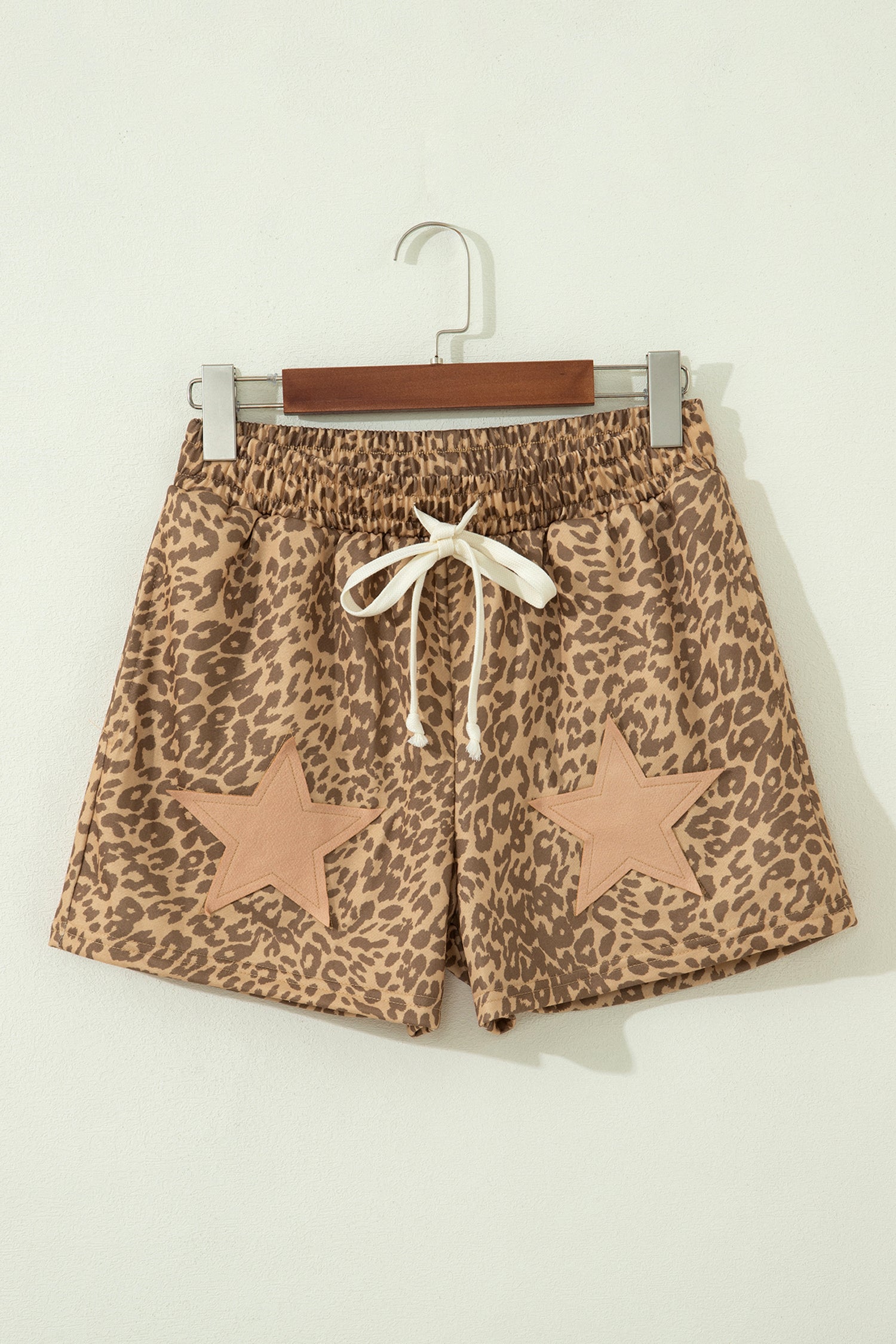 Khaki Leopard Drawstring Elastic Waist Star Patched Shorts-Bottoms/Casual Shorts-[Adult]-[Female]-2022 Online Blue Zone Planet