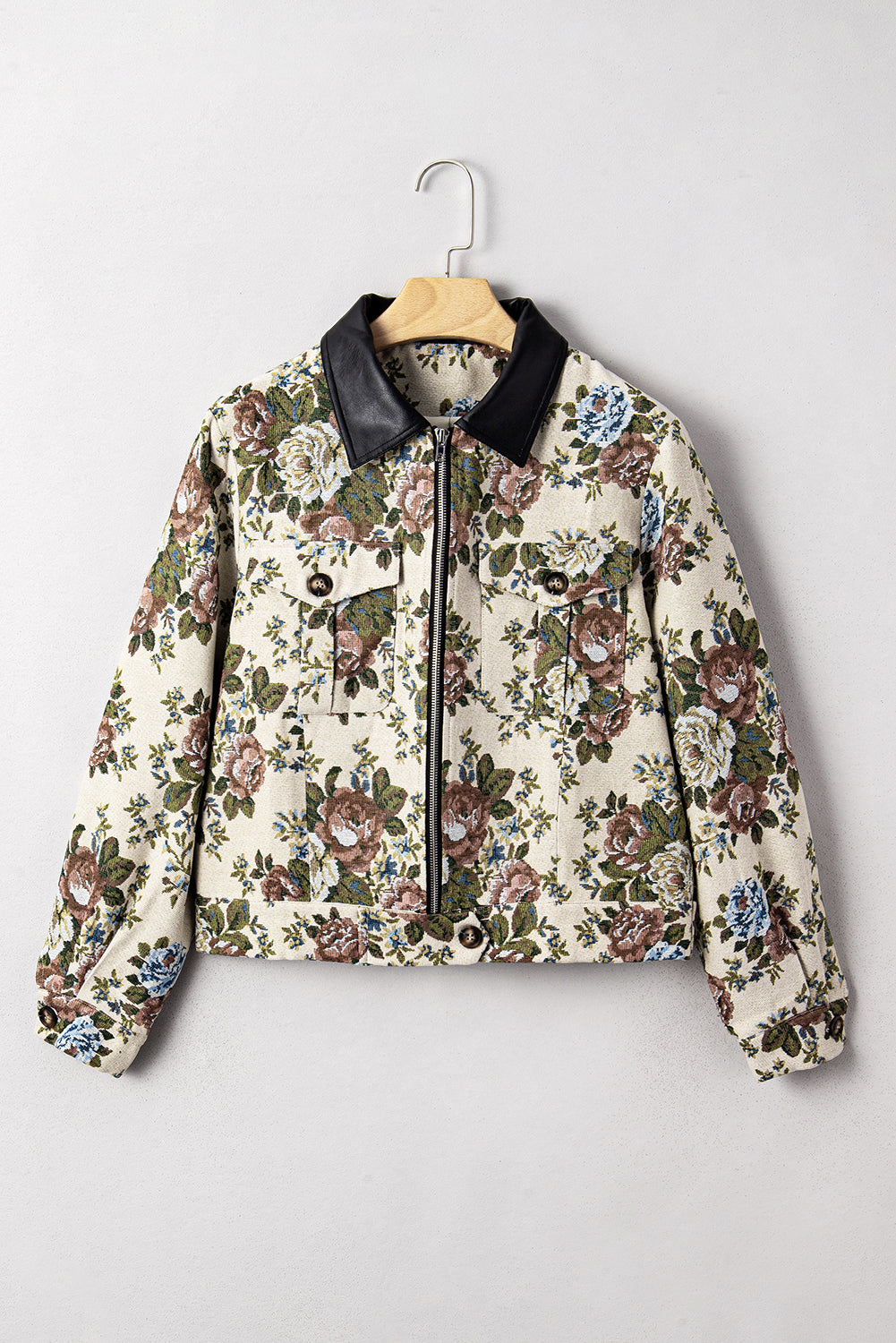 Khaki Floral Print Zip Up Contrast Collared Jacket-Outerwear/Jackets-[Adult]-[Female]-2022 Online Blue Zone Planet