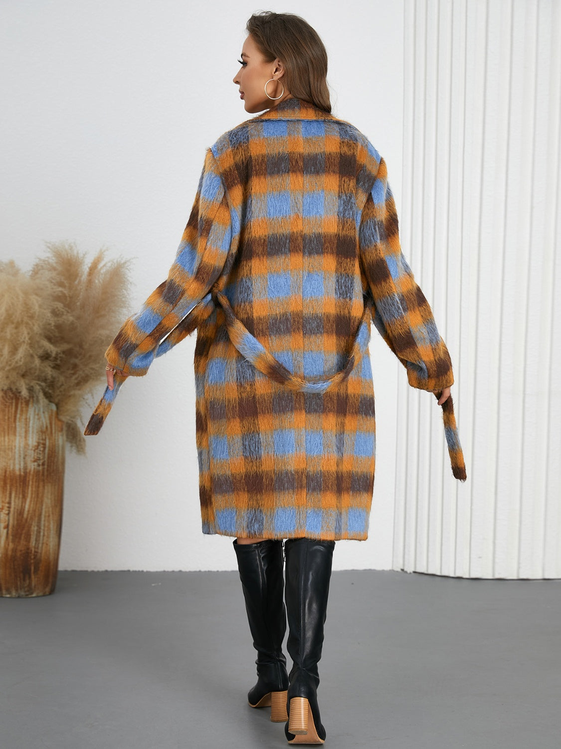 Blue Zone Planet | Tied Plaid Collared Neck Coat-TOPS / DRESSES-[Adult]-[Female]-2022 Online Blue Zone Planet