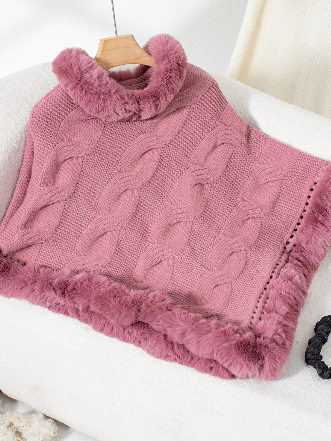 Fuzzy Hem Cable-Knit Poncho-TOPS / DRESSES-[Adult]-[Female]-Dusty Pink-One Size-2022 Online Blue Zone Planet