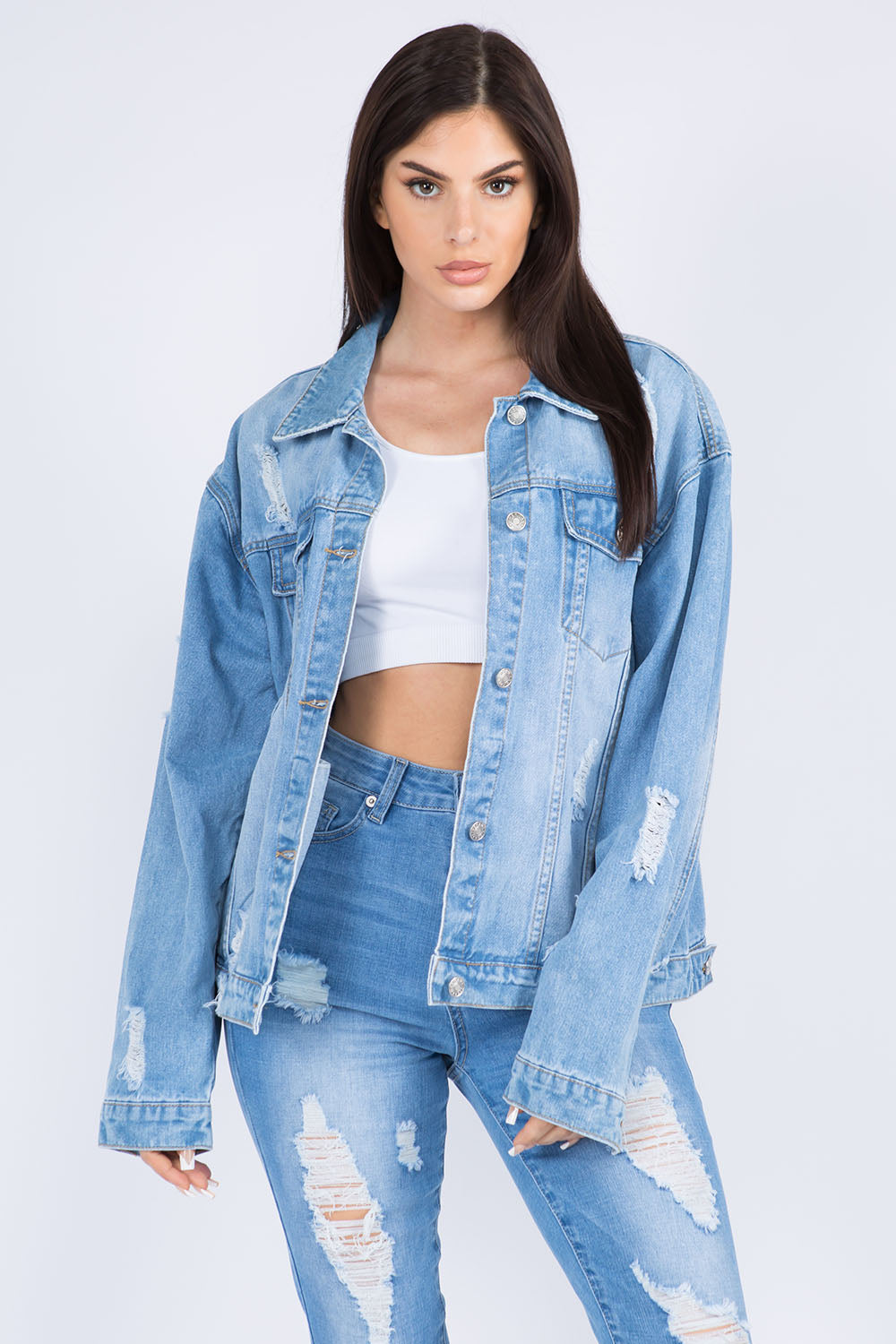 American Bazi Full Size Painted Back Distressed Denim Jacket-TOPS / DRESSES-[Adult]-[Female]-Blue-S-2022 Online Blue Zone Planet