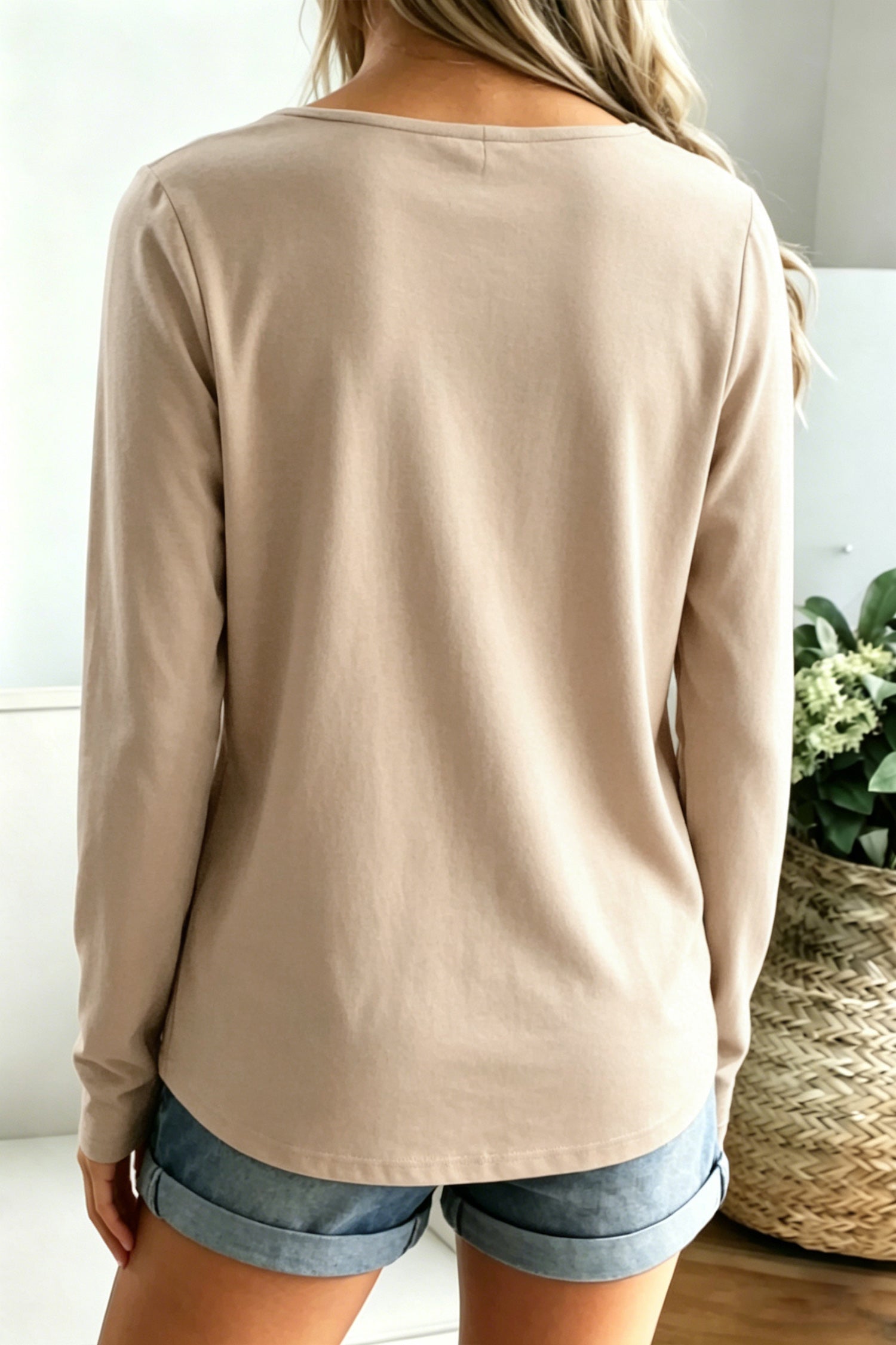 Pale Khaki Patchwork Long Sleeve Shift Top-Tops/Long Sleeve Tops-[Adult]-[Female]-2022 Online Blue Zone Planet