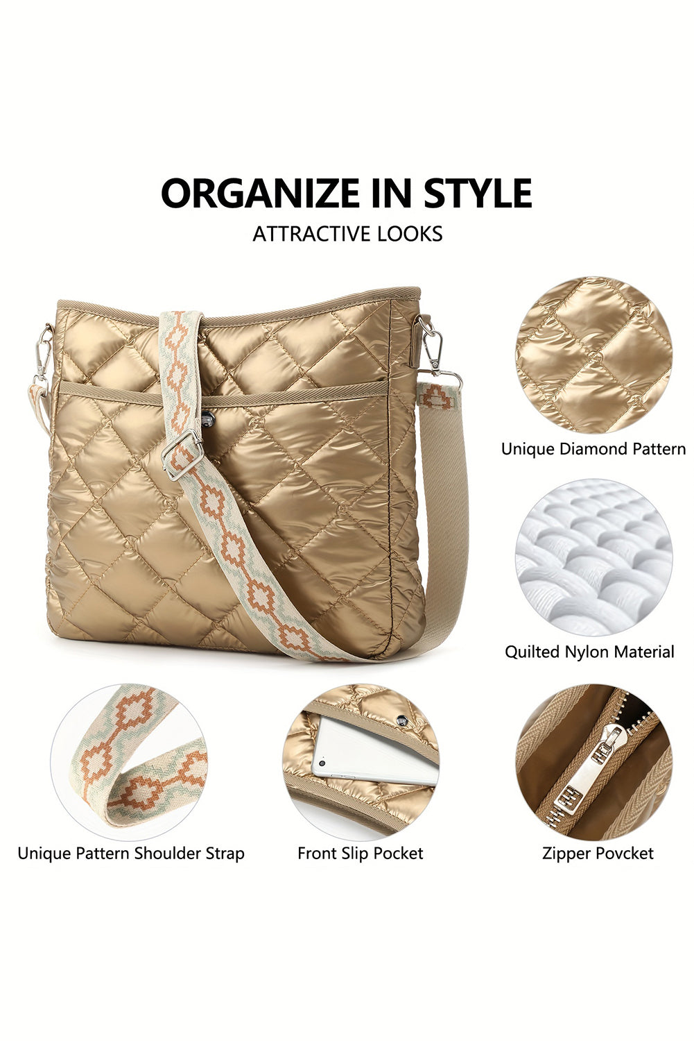 Gold Quilted Large Capacity Shoulder Bag-Shoulder Bag-[Adult]-[Female]-Gold-ONE SIZE-2022 Online Blue Zone Planet