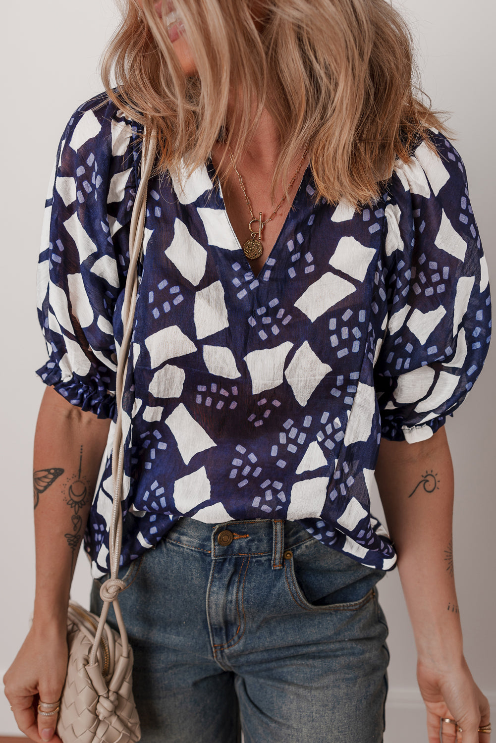Blue Abstract Print Frilled Puff Sleeve V Neck Blouse-Tops/Blouses & Shirts-[Adult]-[Female]-Blue-S-2022 Online Blue Zone Planet
