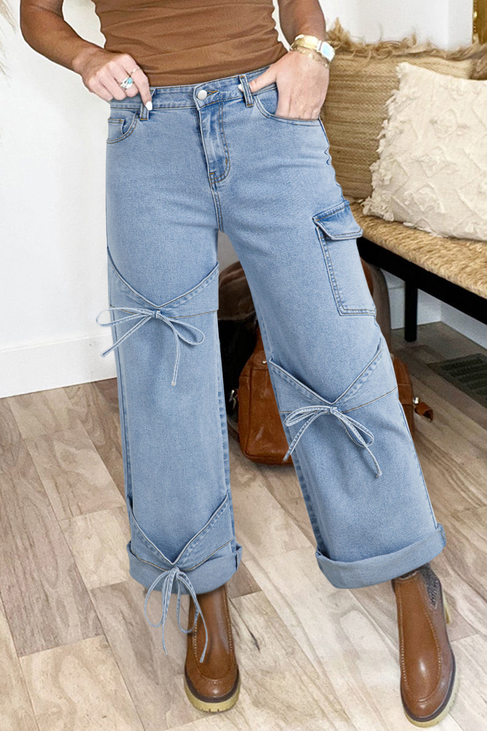 Beau Blue Bowknot Decor Boyfriend Cargo Jeans-Bottoms/Jeans-[Adult]-[Female]-2022 Online Blue Zone Planet