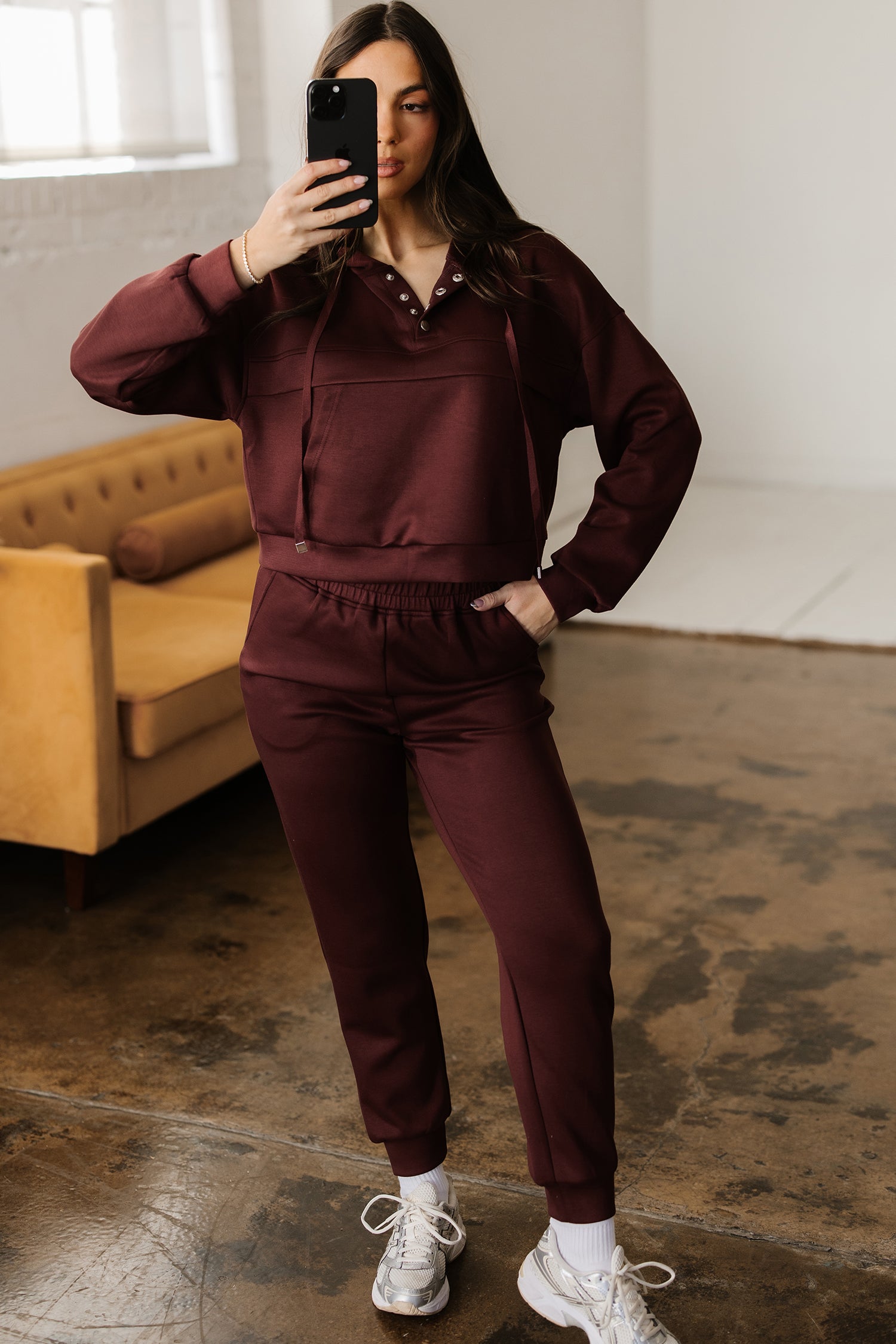 Chicory Coffee Button Drawstring Cropped Hoodie Jogger 2pcs Set-Tops / Dresses-[Adult]-[Female]-2022 Online Blue Zone Planet