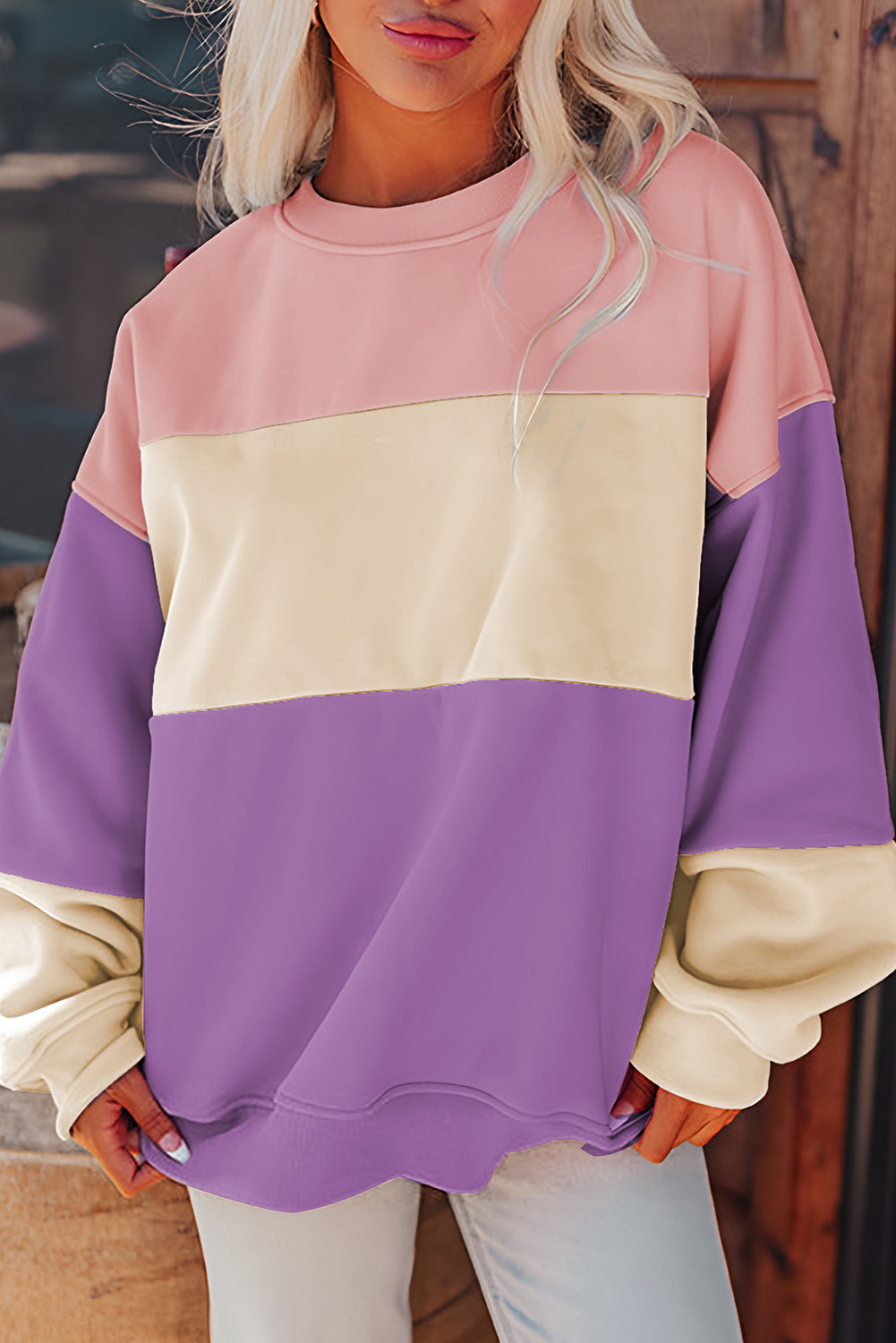 Meadow Mauve Colorblock Patchwork Drop Shoulder Sweatshirt-Tops/Sweatshirts & Hoodies-[Adult]-[Female]-Meadow Mauve-S-2022 Online Blue Zone Planet