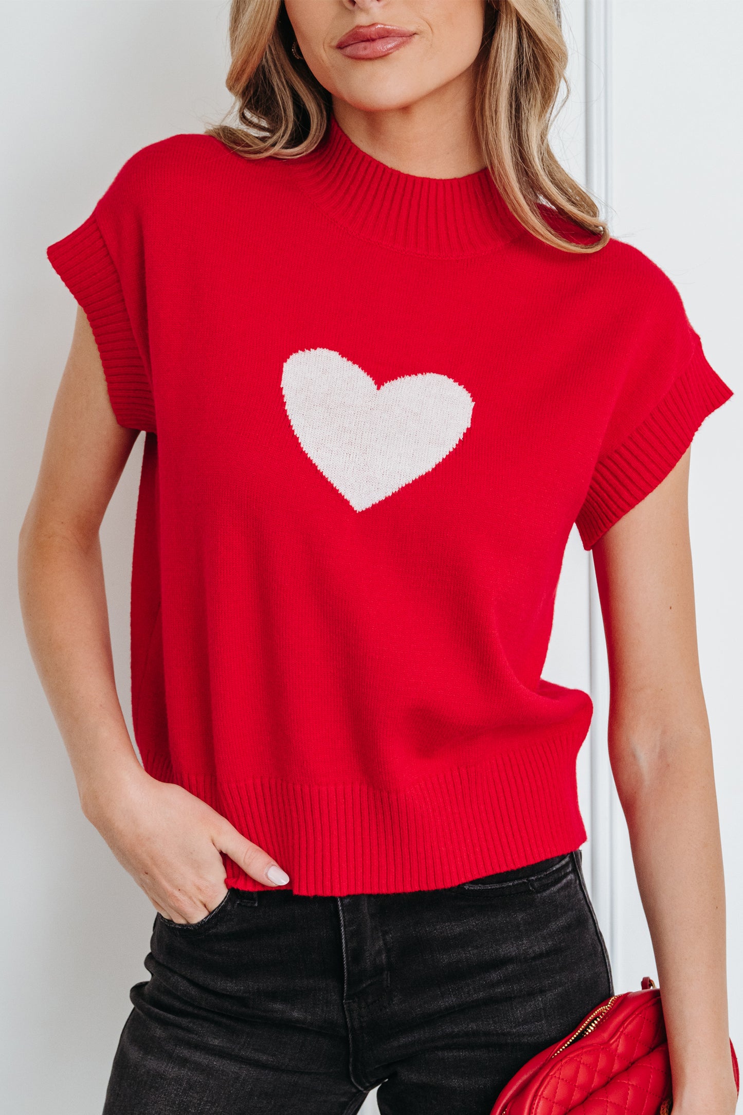 Fiery Red Valentine Heart Graphic Cropped Short Sleeve Sweater-TOPS / DRESSES-[Adult]-[Female]-2022 Online Blue Zone Planet