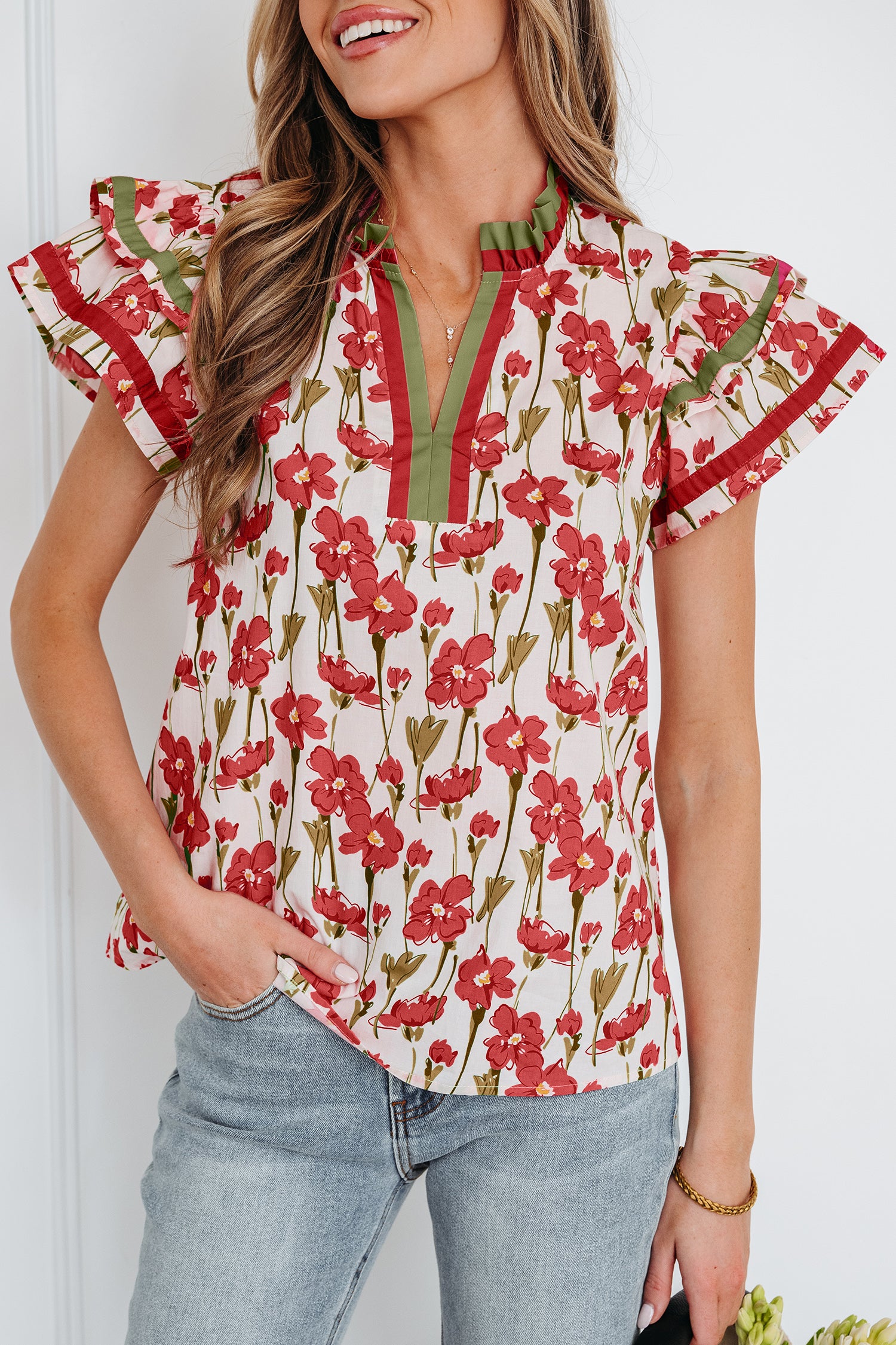 Red Floral Print Contrast Trim V Neck Double Ruffled Short Sleeve Blouse-Tops/Blouses & Shirts-[Adult]-[Female]-2022 Online Blue Zone Planet