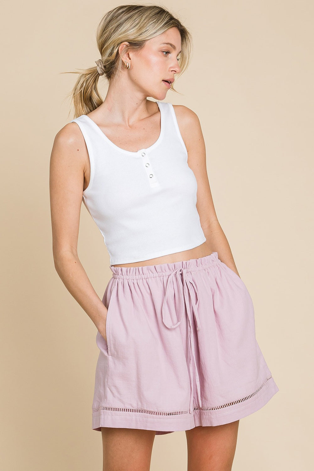 Blue Zone Planet | Cotton Bleu by Nu Lab High Waist Drawstring Shorts-TOPS / DRESSES-[Adult]-[Female]-Mauve-S-2022 Online Blue Zone Planet