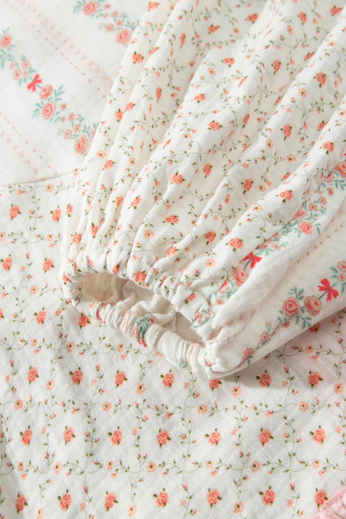 Beige Floral Print Color Block Trim Lace-up V Neck Long Sleeve Blouse-Tops/Blouses & Shirts-[Adult]-[Female]-2022 Online Blue Zone Planet