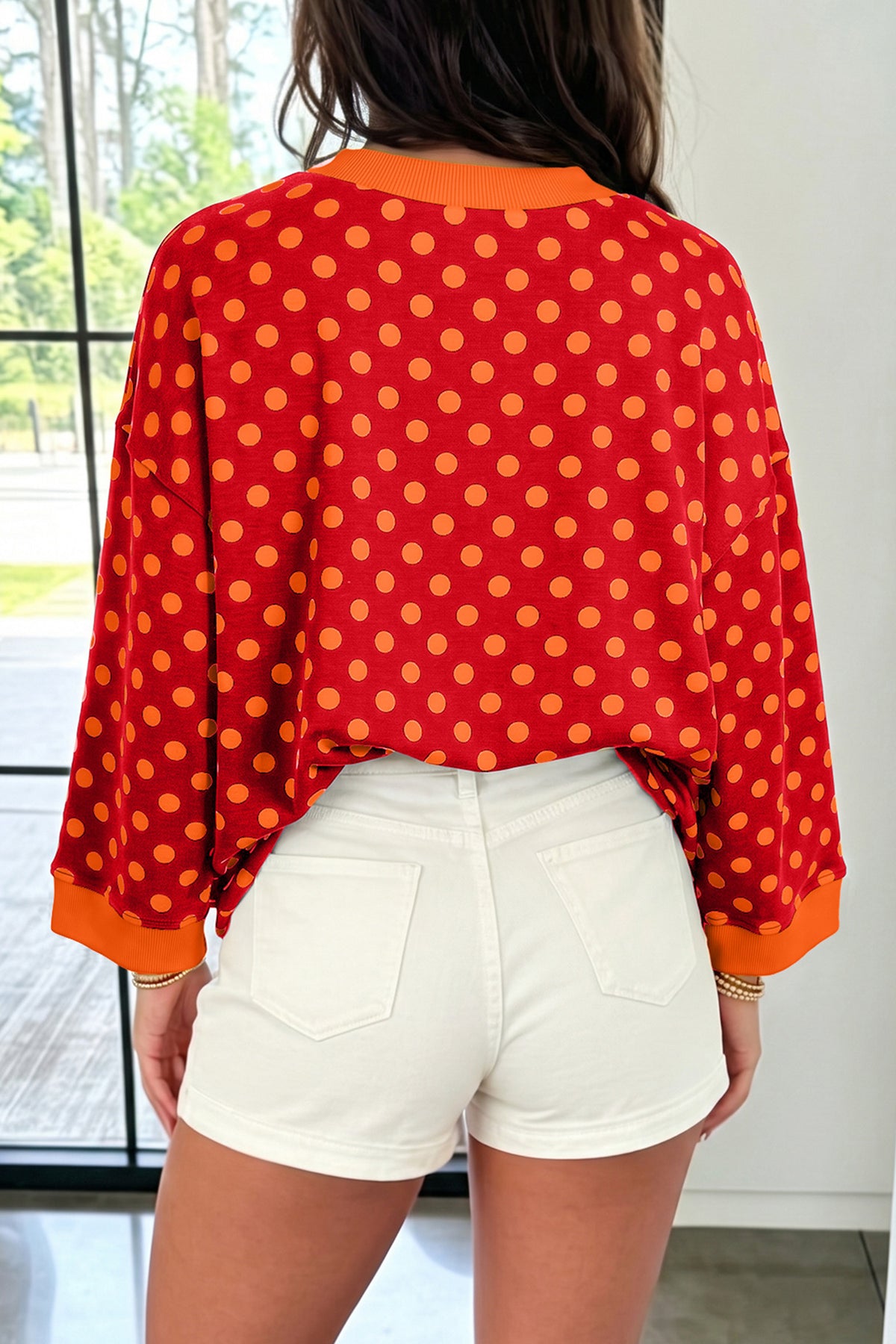 Blue Polka Dot Print Contrast Trim Round Neck Bracelet Sleeve Top-Bracelet-[Adult]-[Female]-2022 Online Blue Zone Planet