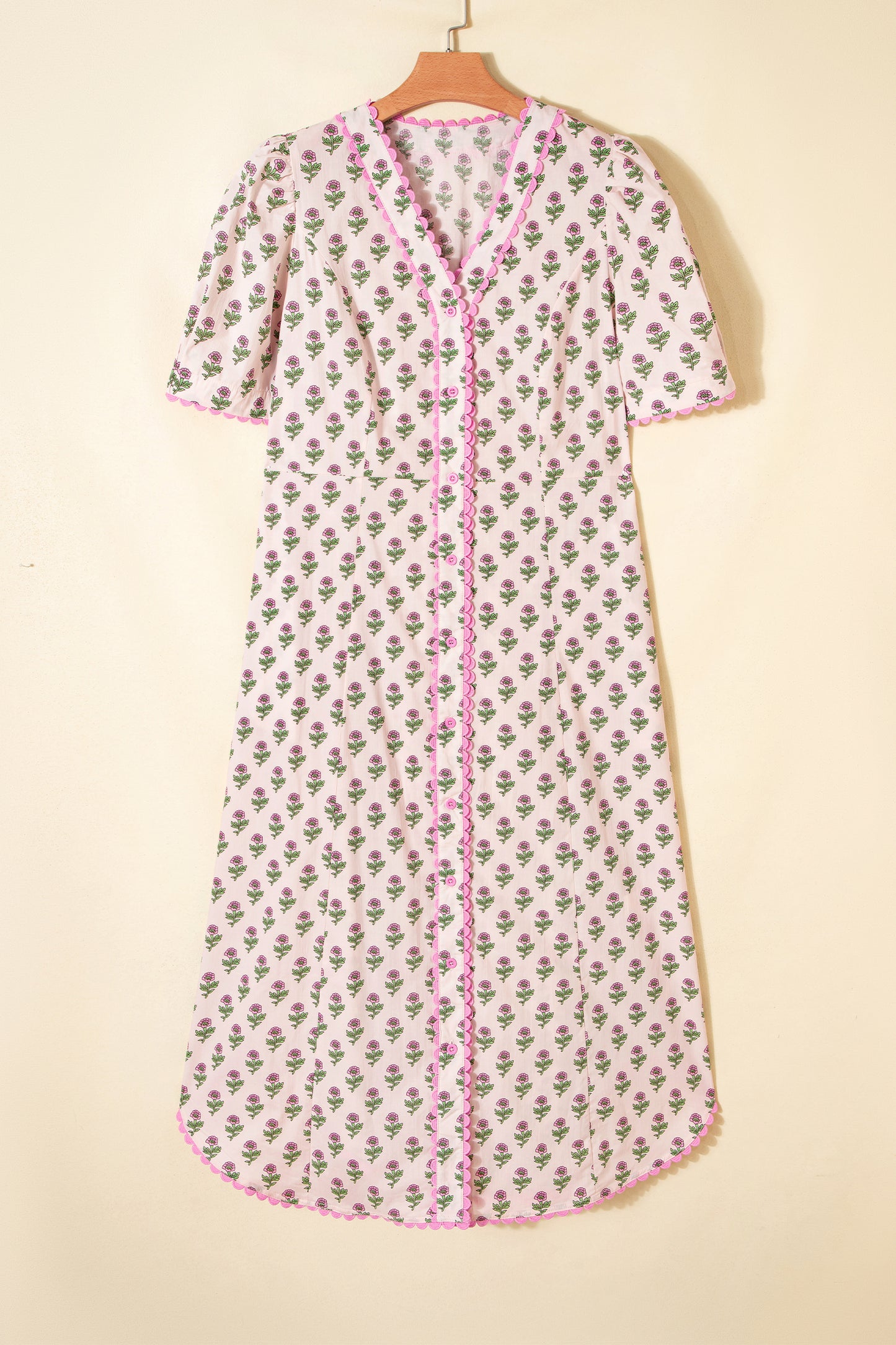 Pink Floral Print V Neck Scallop Trim Button Front Short Sleeve Long Dress-TOPS / DRESSES-[Adult]-[Female]-2022 Online Blue Zone Planet