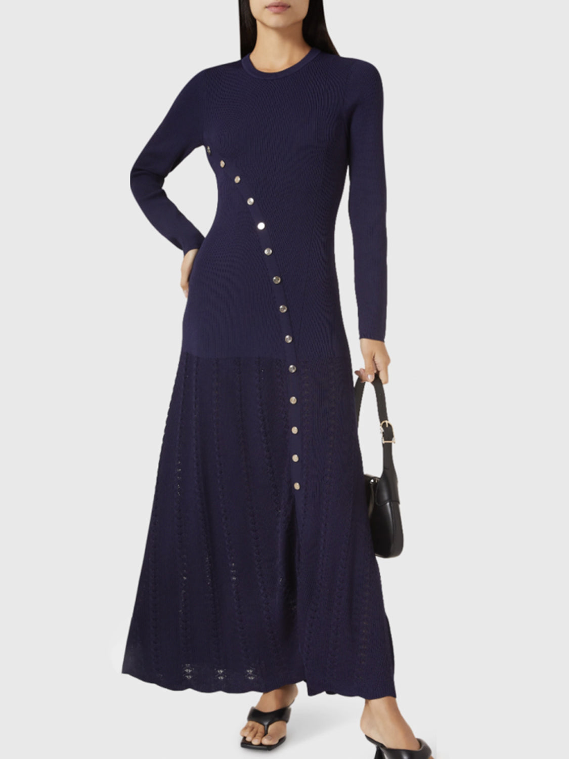 Blue Zone Planet | Openwork Round Neck Long Sleeve Sweater Dress-TOPS / DRESSES-[Adult]-[Female]-Dark Blue-One Size-2022 Online Blue Zone Planet