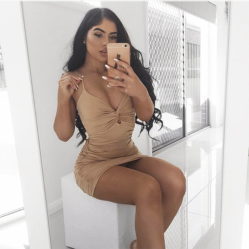 Suzie's Pleated Deep V-neck Mini Bodycon Dress-TOPS / DRESSES-[Adult]-[Female]-2022 Online Blue Zone Planet