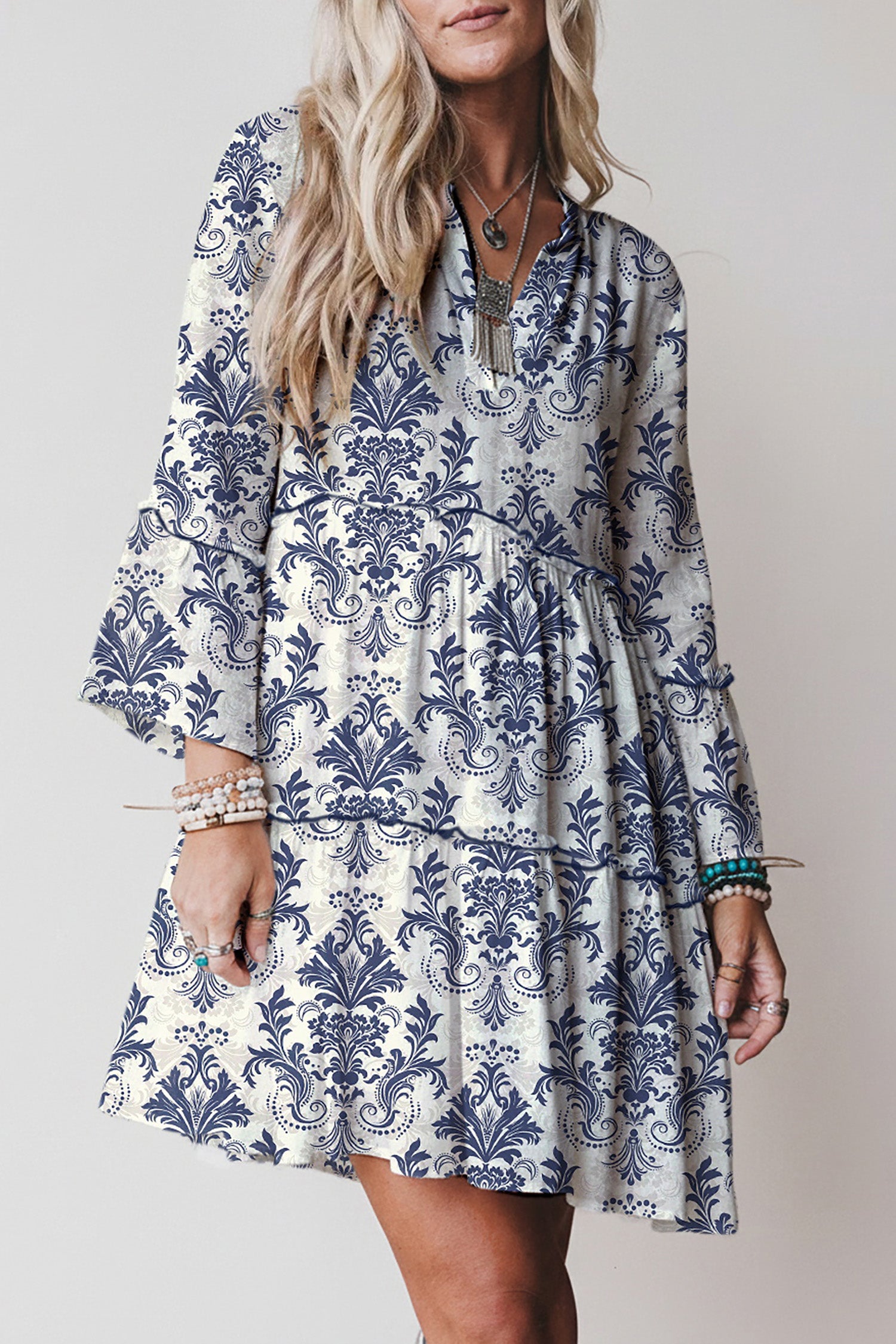 Sky Blue Boho Floral Print Lettuce Trim 3/4 Sleeve Mini Dress-TOPS / DRESSES-[Adult]-[Female]-2022 Online Blue Zone Planet