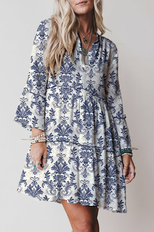 Sky Blue Boho Floral Print Lettuce Trim 3/4 Sleeve Mini Dress-TOPS / DRESSES-[Adult]-[Female]-2022 Online Blue Zone Planet