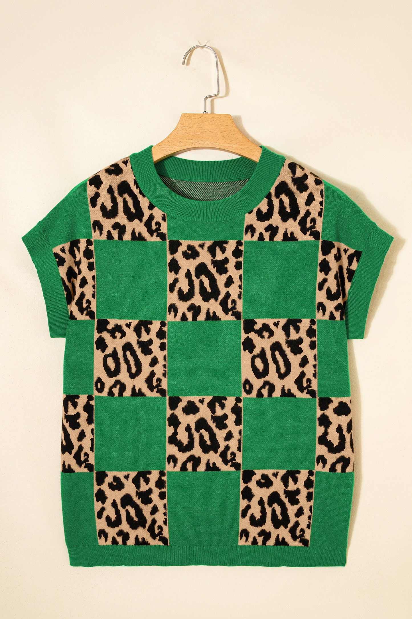 Green Leopard Checkerboard Short Sleeve Knit Sweater-TOPS / DRESSES-[Adult]-[Female]-2022 Online Blue Zone Planet
