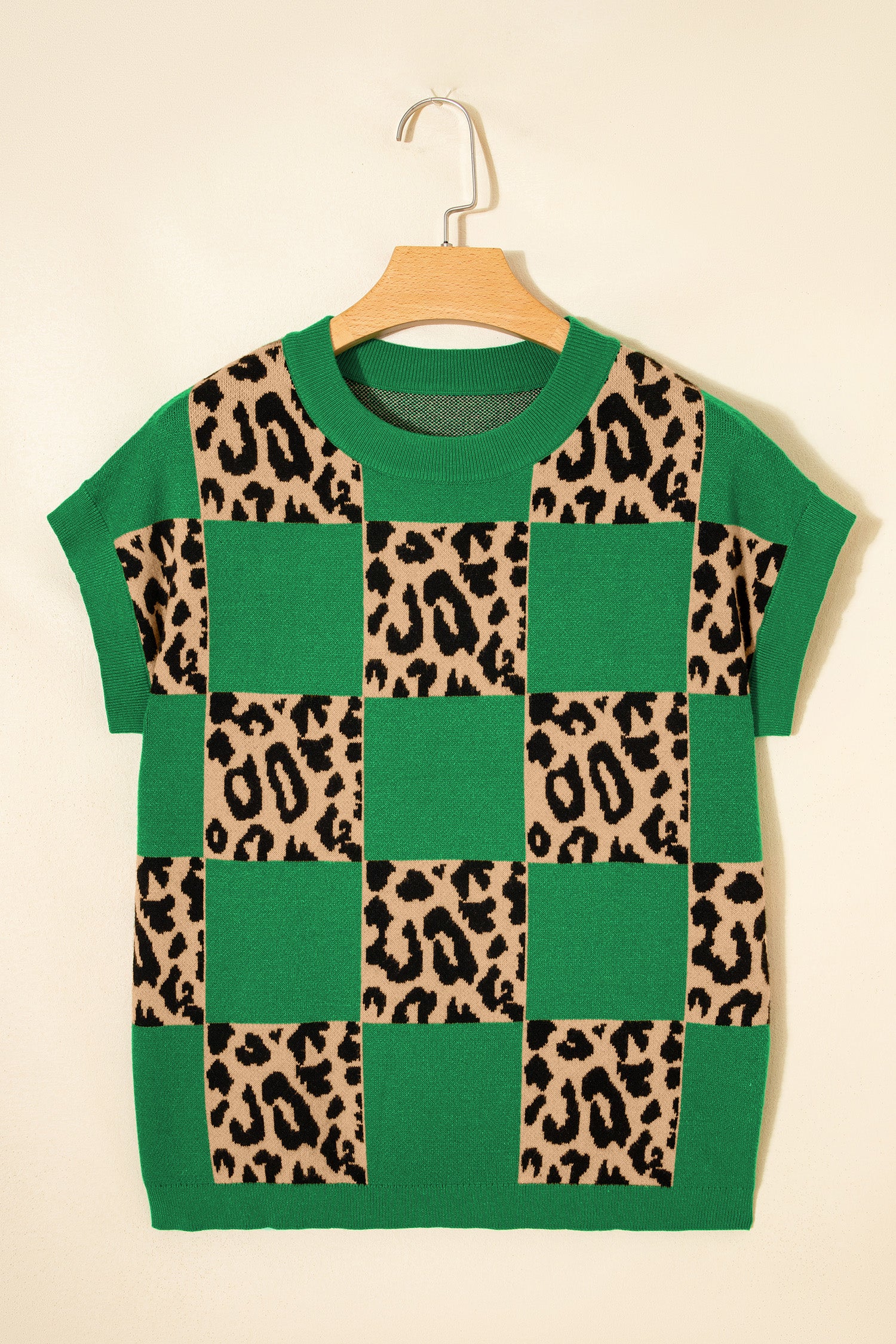 Green Leopard Checkerboard Short Sleeve Knit Sweater-TOPS / DRESSES-[Adult]-[Female]-2022 Online Blue Zone Planet