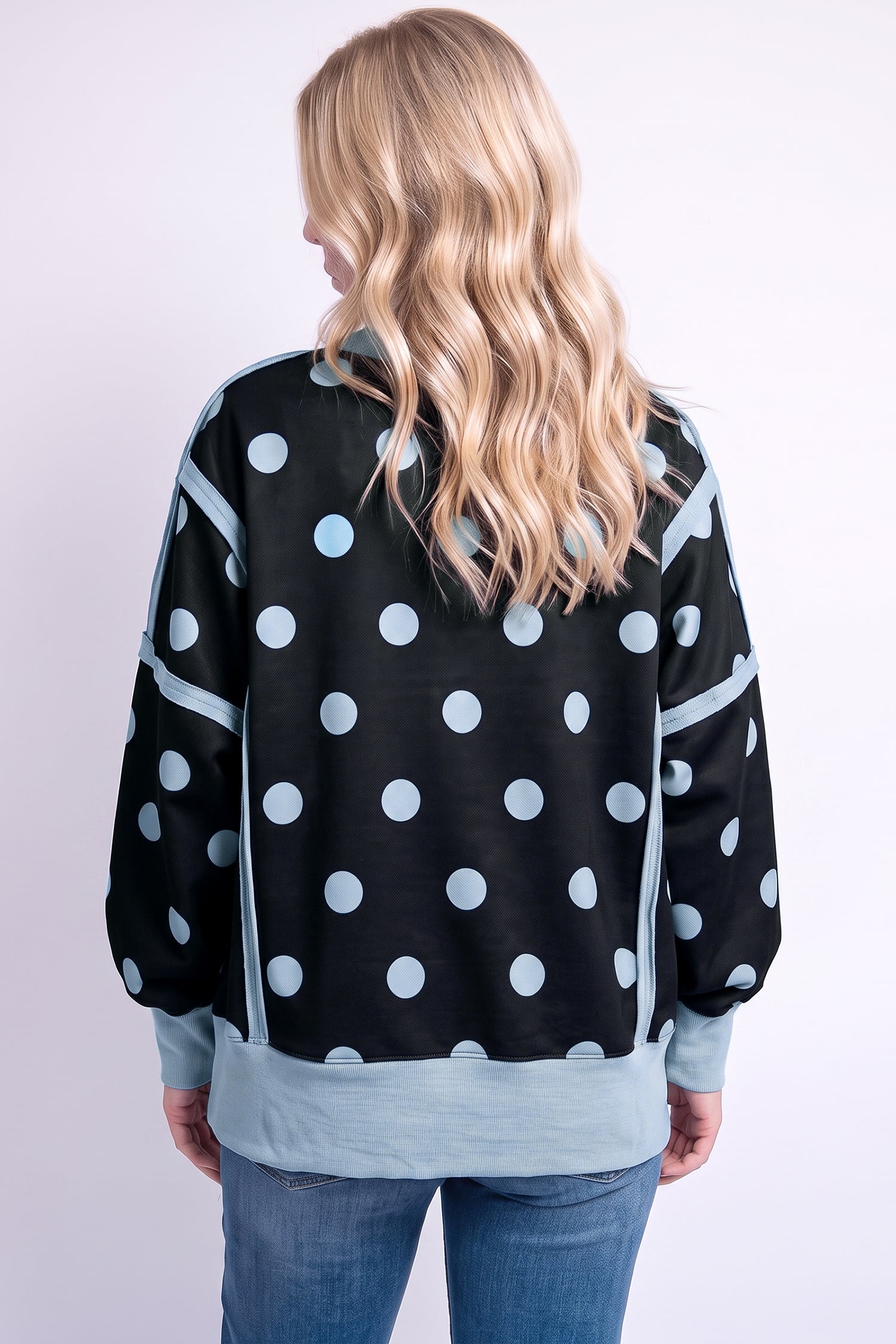 White Polka Dot Contrast Patchwork Round Neck Baggy Sweatshirt-Tops/Sweatshirts & Hoodies-[Adult]-[Female]-2022 Online Blue Zone Planet