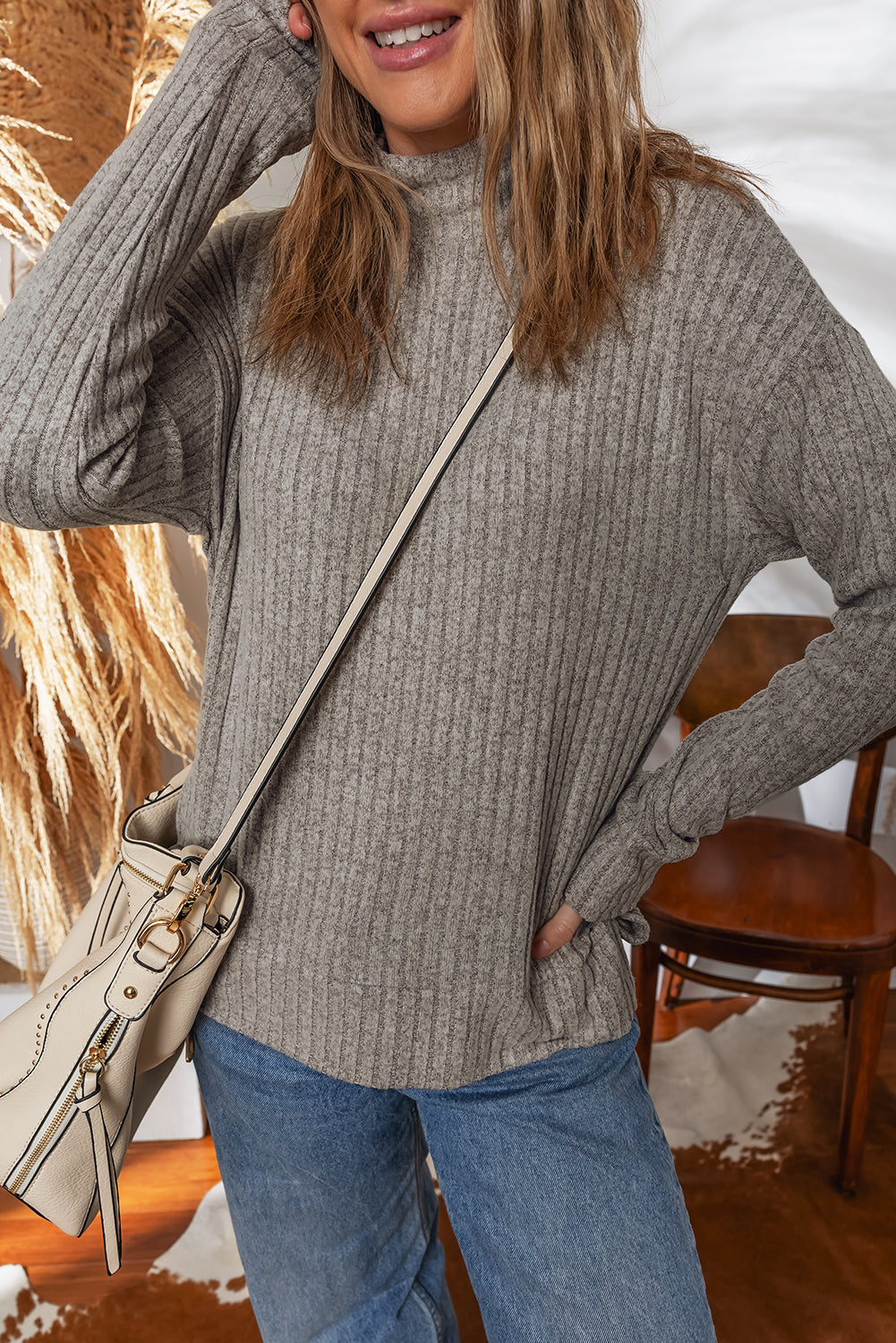 Gray Morn Ribbed High Neck Knitted Pullover Top-Tops/Long Sleeve Tops-[Adult]-[Female]-2022 Online Blue Zone Planet