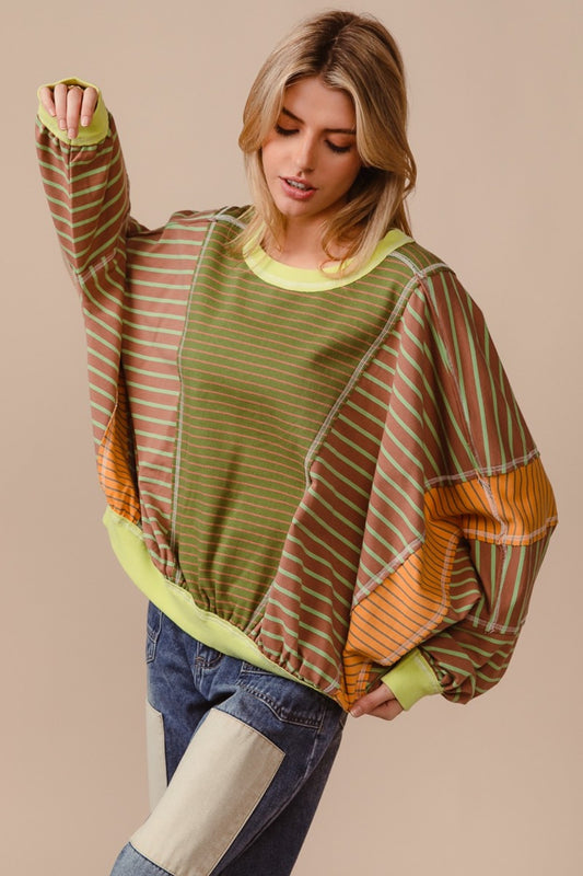 BiBi Color Block Striped Round Neck Sweatshirt-TOPS / DRESSES-[Adult]-[Female]-Olive/Latte-S-2022 Online Blue Zone Planet