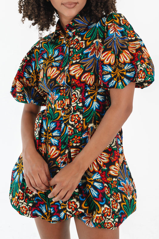 Multicolour Floral Puff Short Sleeve Shirt Mini Dress-Dresses/Mini Dresses-[Adult]-[Female]-Multicolour-S-2022 Online Blue Zone Planet