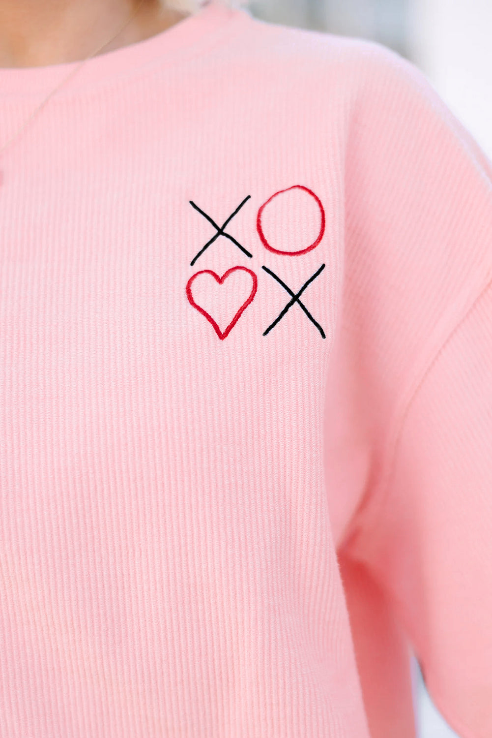 Pink 3d Ribbed XOXO Heart Embroidered Drop Shoulder Sweatshirt-Sweatshirts & Hoodies-[Adult]-[Female]-2022 Online Blue Zone Planet