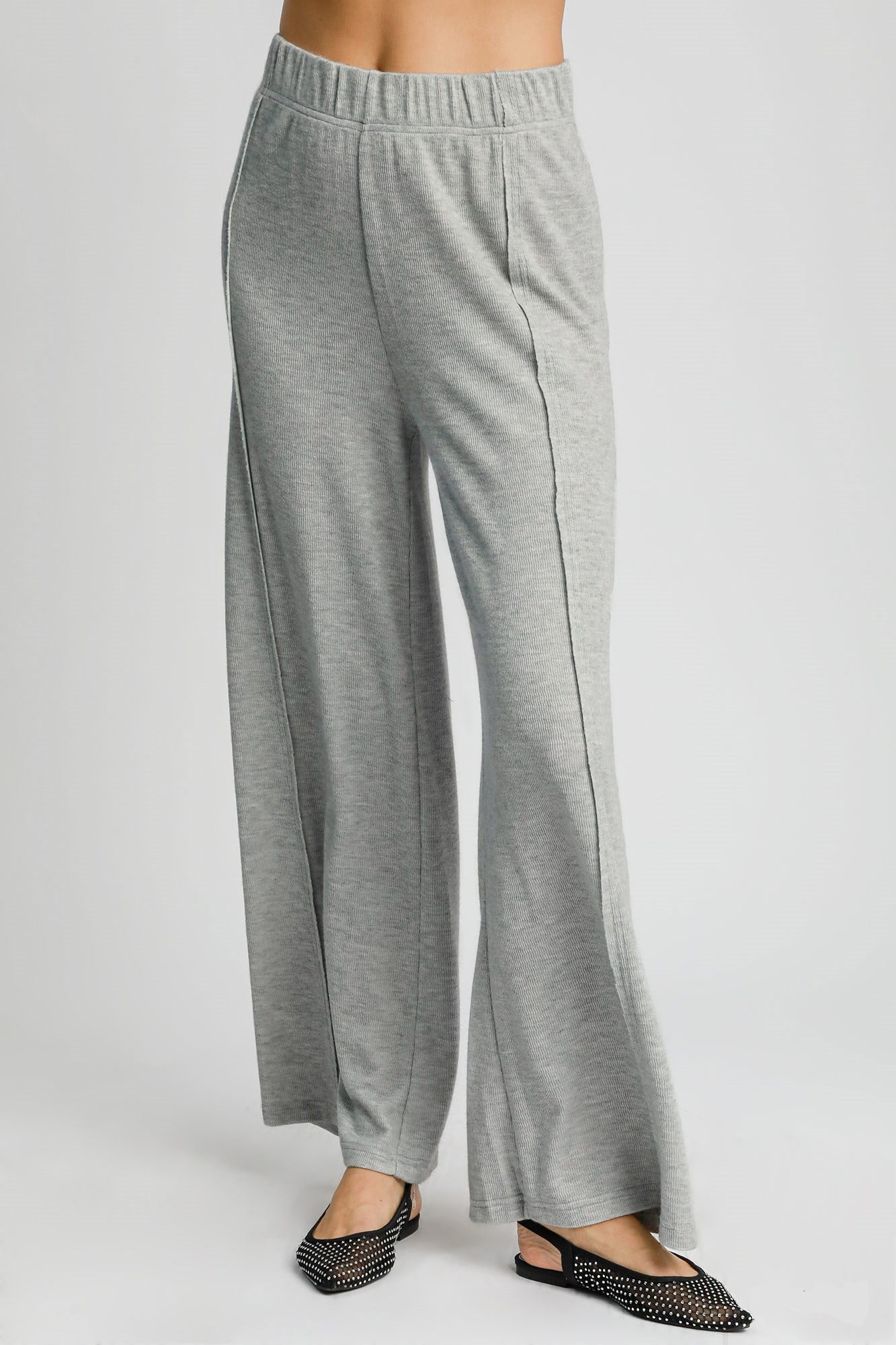 Umgee Elastic Waist Wide Leg Knit Pants-BOTTOMS SIZES SMALL MEDIUM LARGE-[Adult]-[Female]-Gray-S-2022 Online Blue Zone Planet