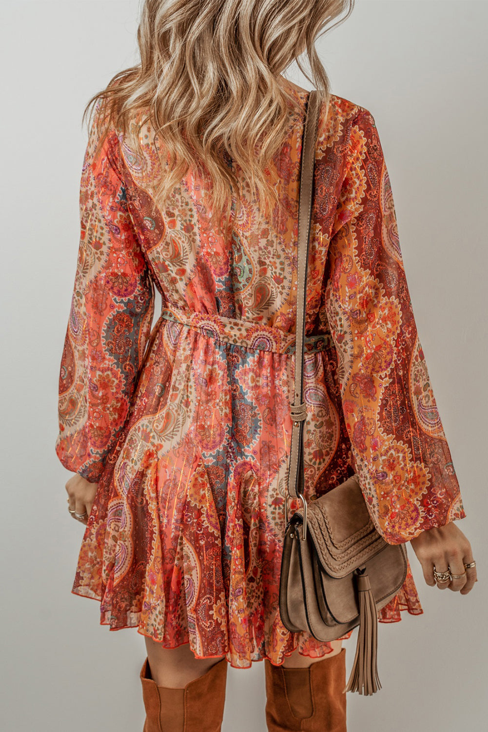 Blue Zone Planet | Orange Boho Paisley Print Long Sleeve Pleated Belted Mini Dress-TOPS / DRESSES-[Adult]-[Female]-2022 Online Blue Zone Planet