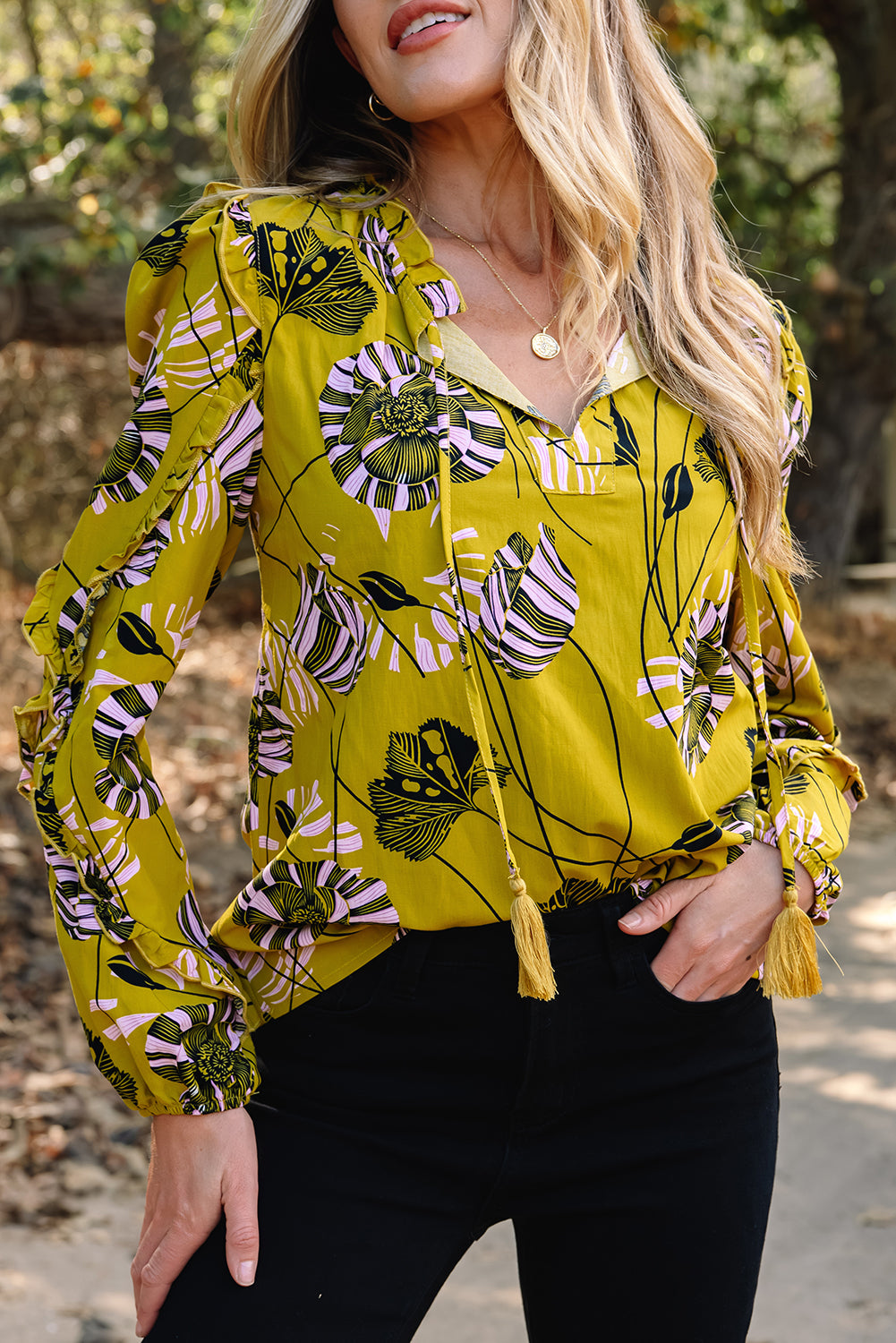 Yellow Vintage Floral V Neck Ruffle Trim Long Sleeve Blouse-Tops/Blouses & Shirts-[Adult]-[Female]-2022 Online Blue Zone Planet